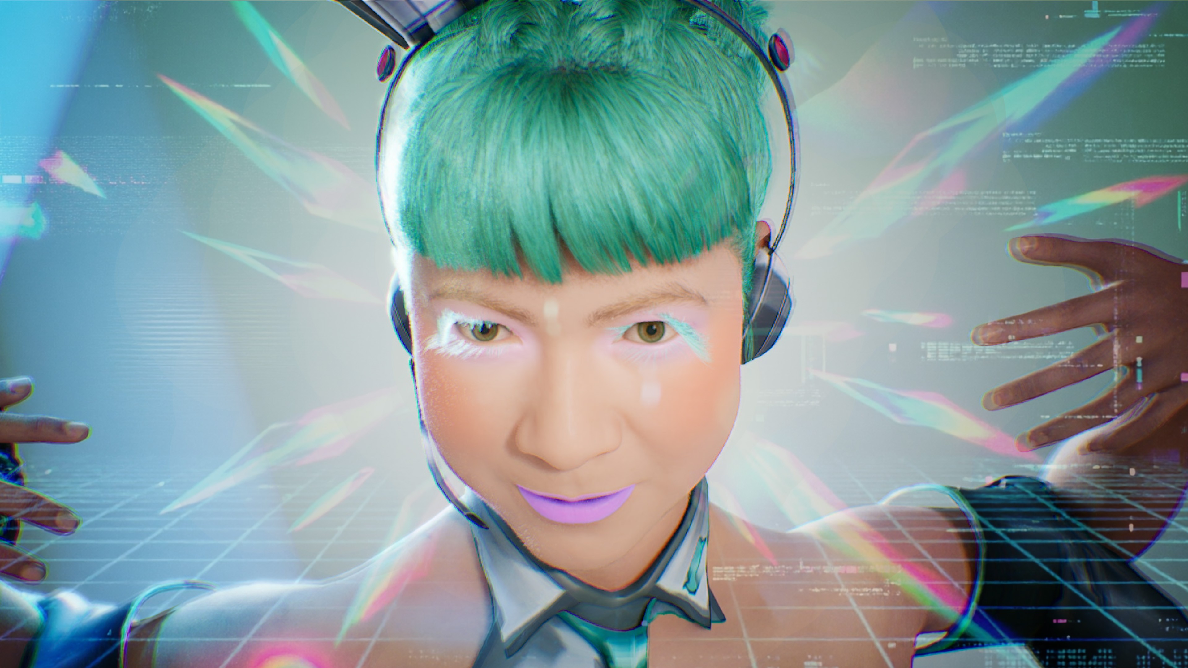 a person with blue hair and a headset.
