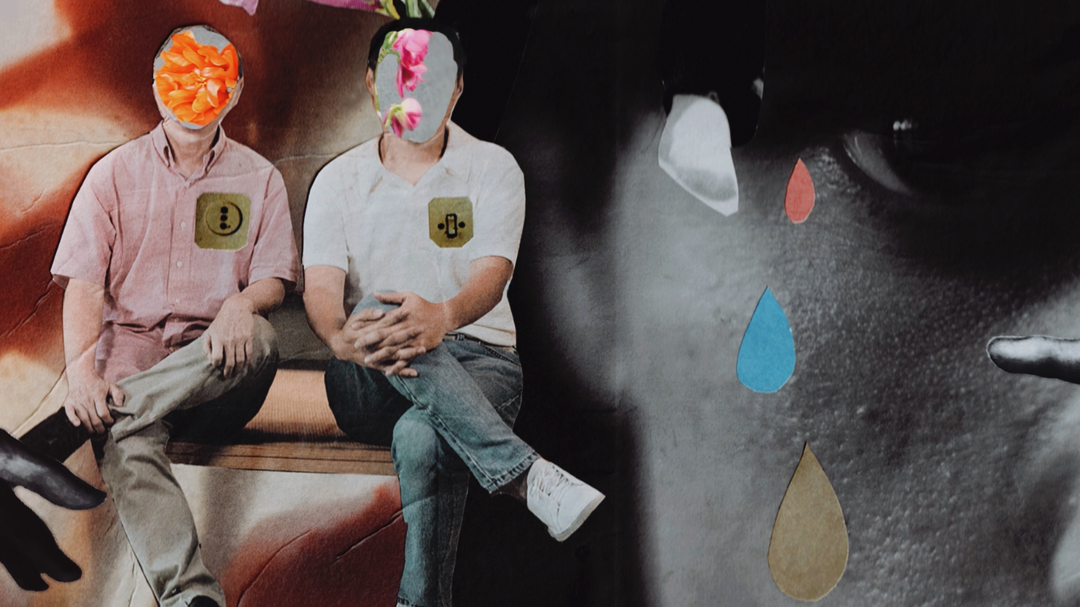 Two seated figures with floral collages obscuring their faces, beside a black-and-white face marked with coloured teardrops.