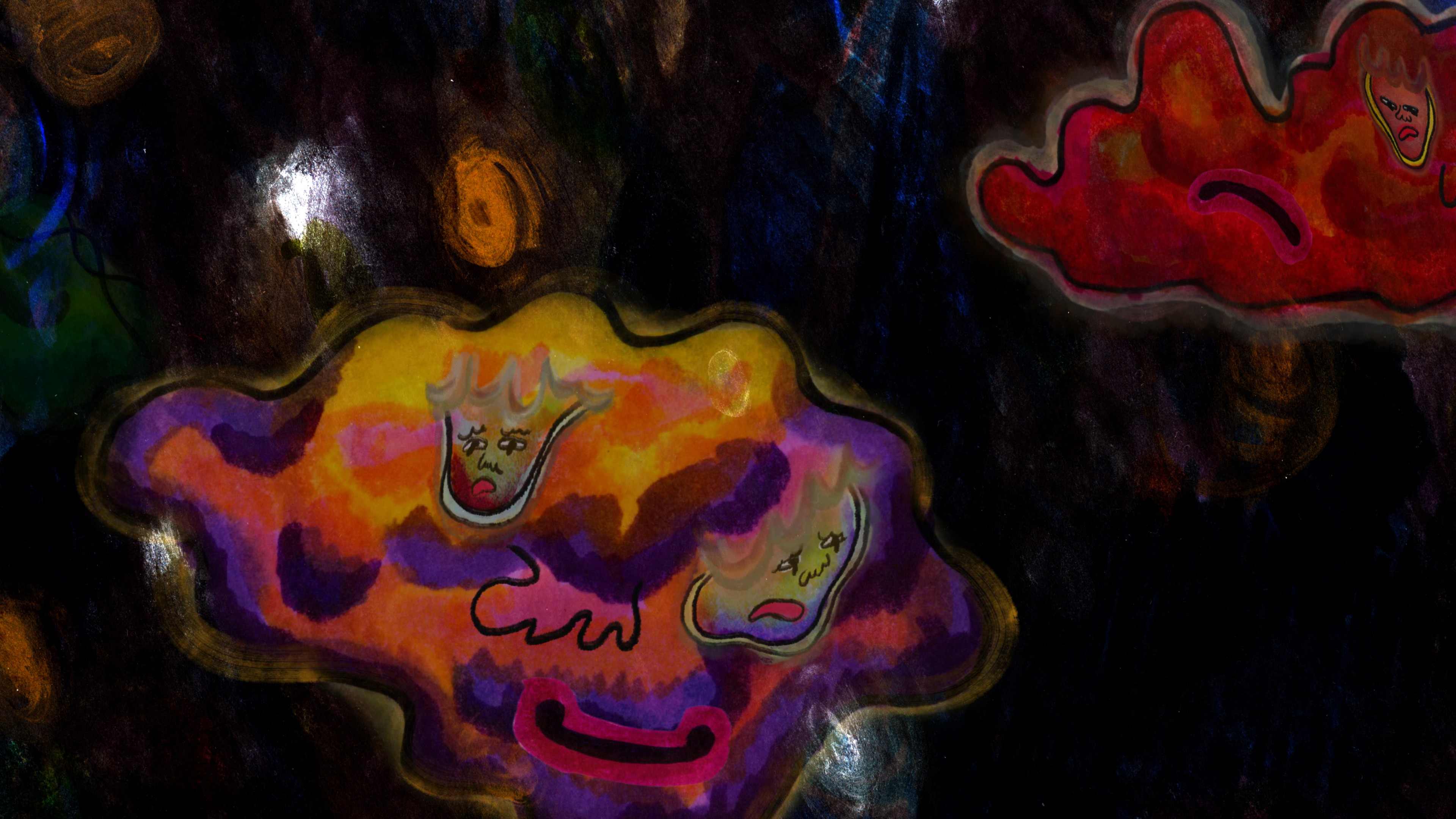 Illustrated multi-coloured cloud-like shapes with faces.