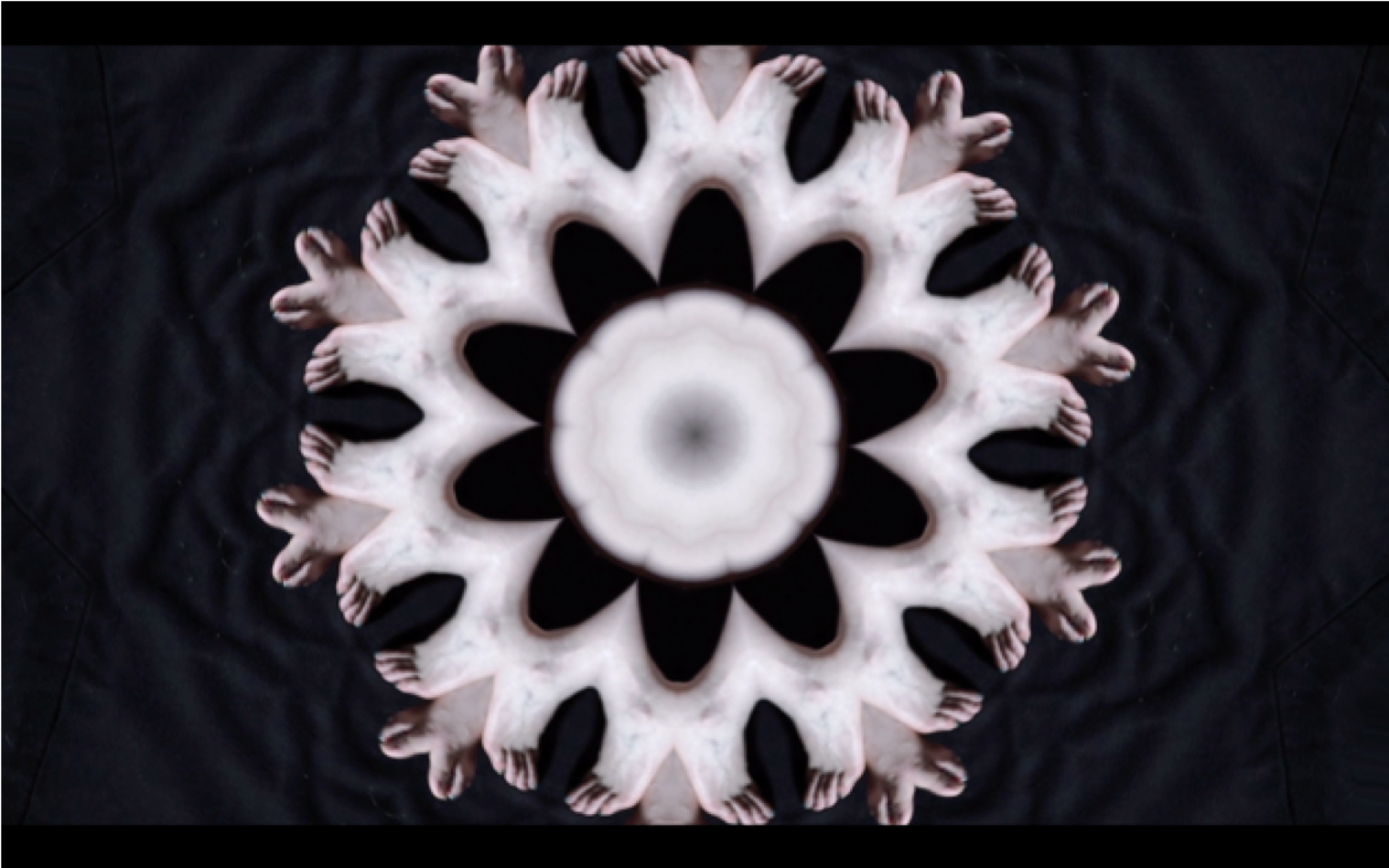 A symmetrical, kaleidoscopic arrangement of human figures forming a flower-like pattern against a dark background.