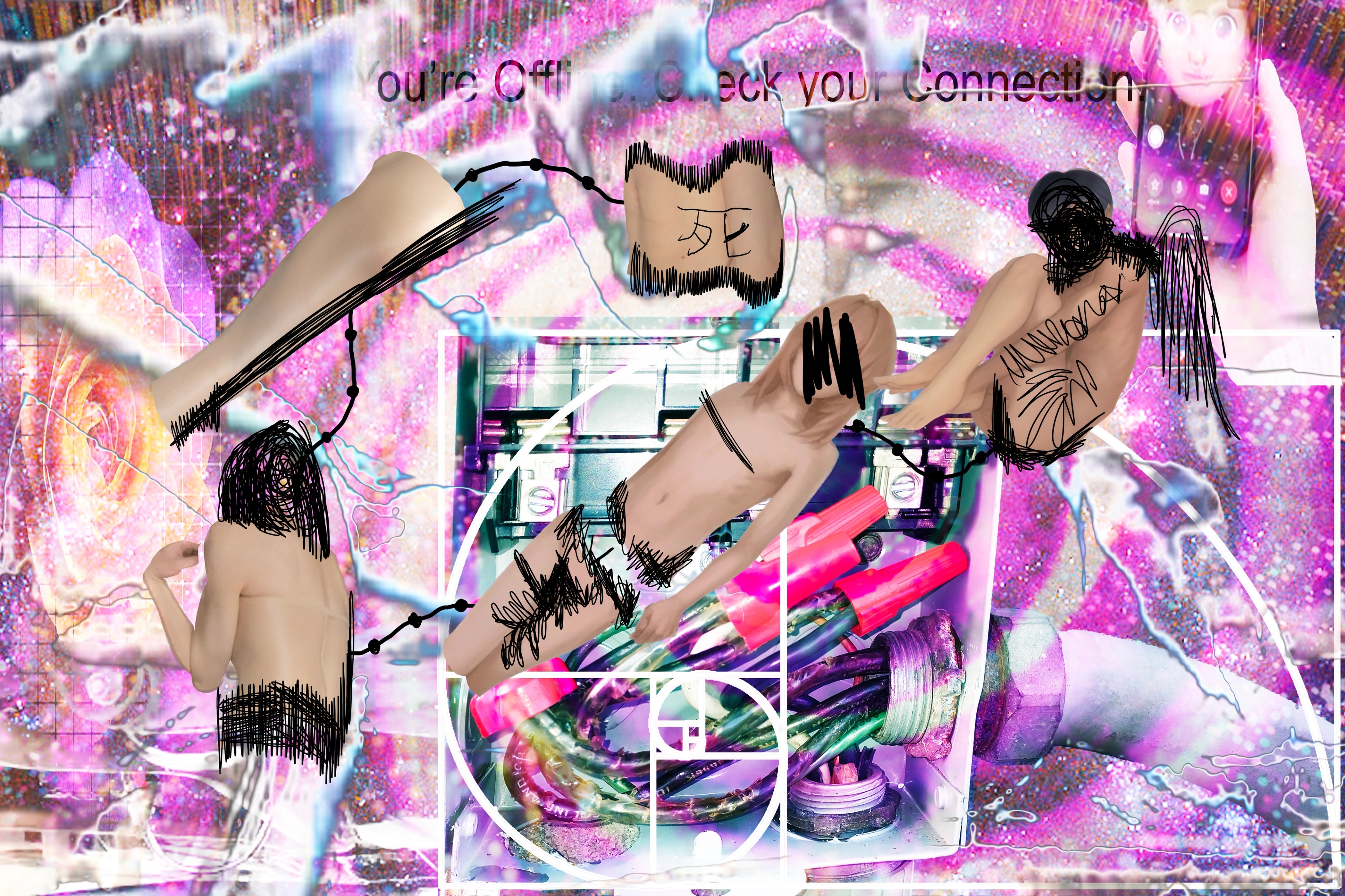 A digital collage of distorted human figures, drawings and layered imagery in vivid pink and purple tones.