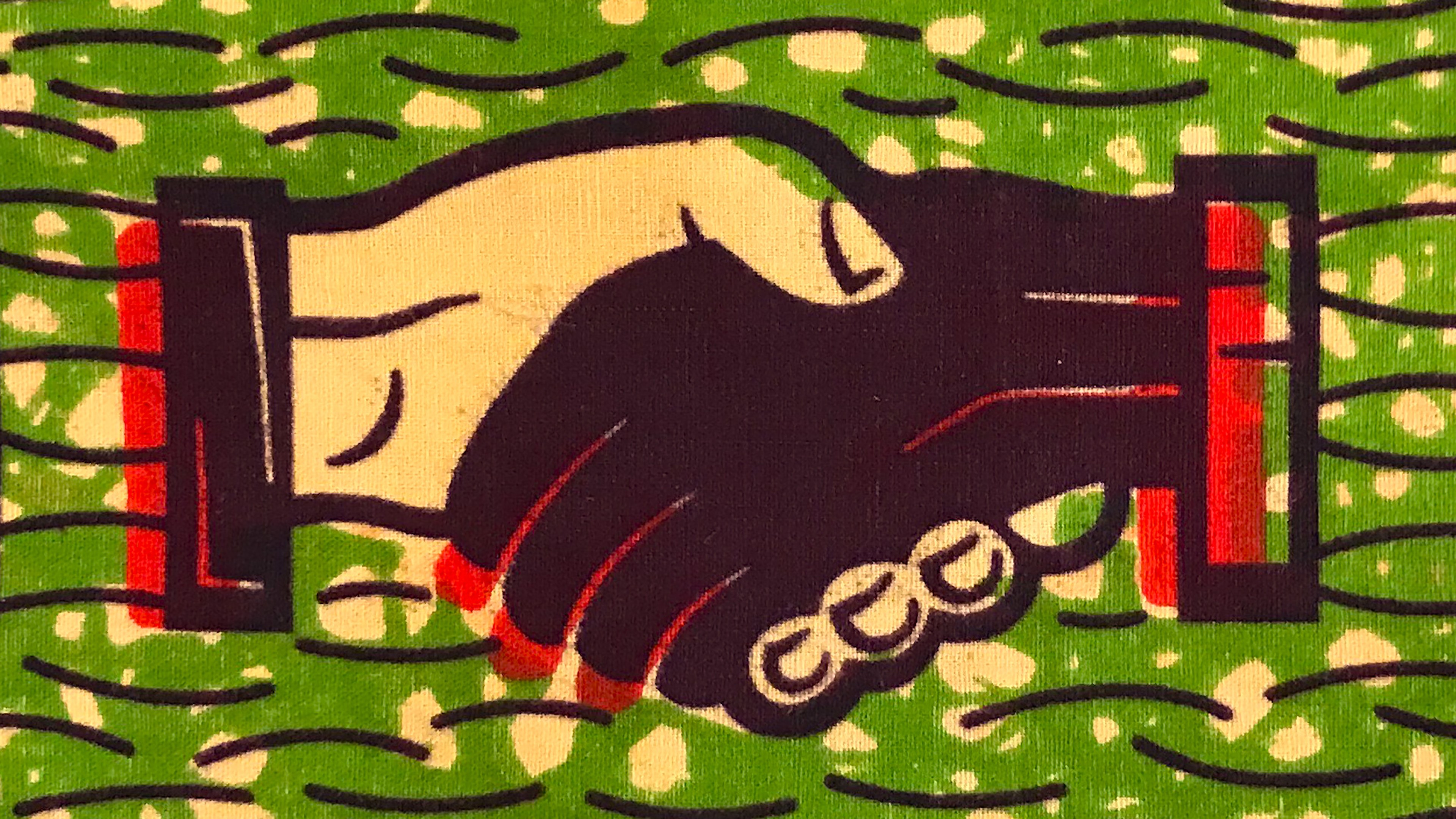 An illustration of two hands clasping in a handshake against a bright green patterned background.