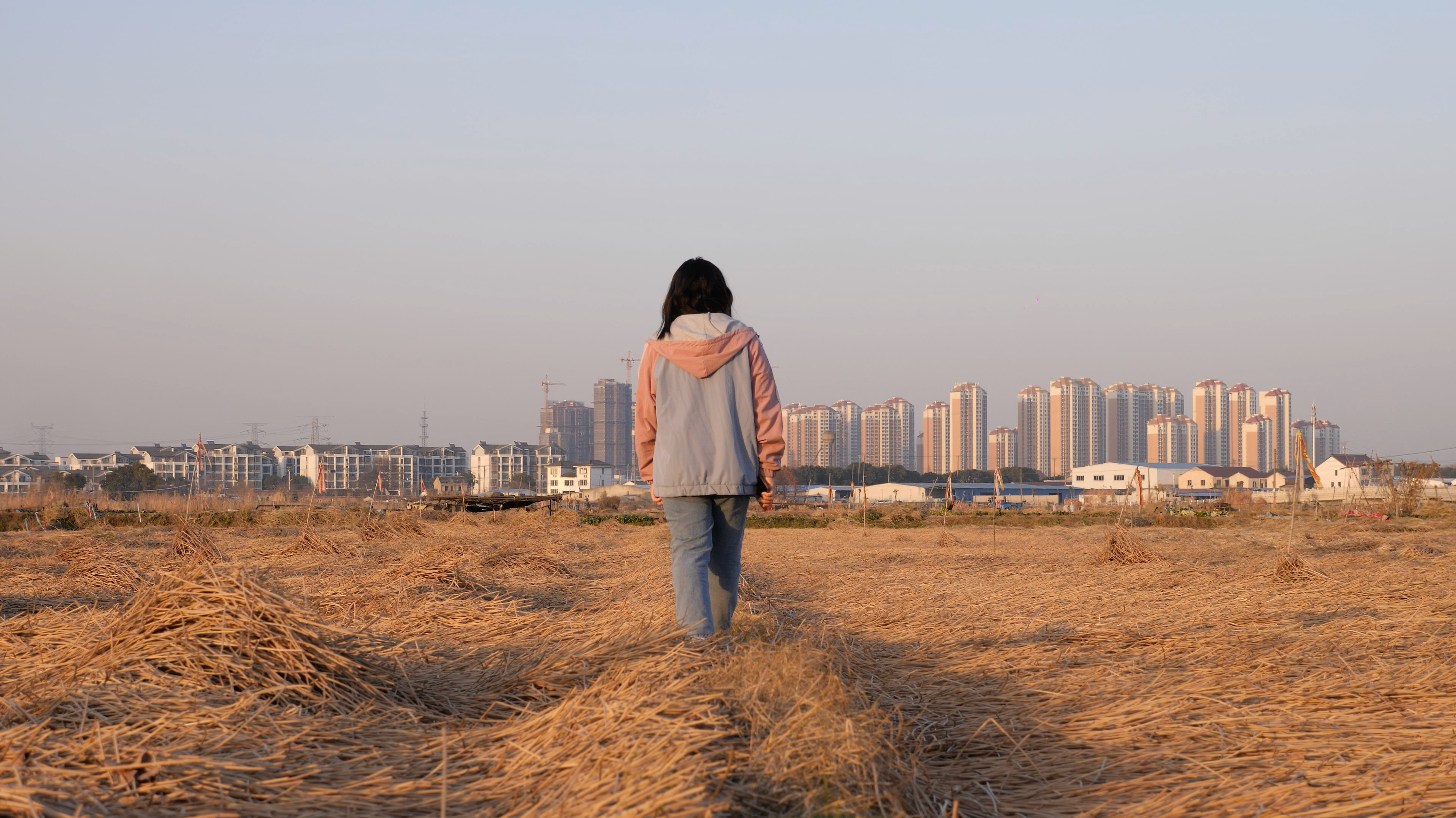 A solitary person walking through a dry field toward a distant cluster of high-rise buildings.