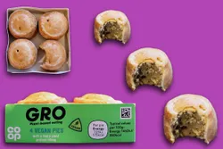 Co-op GRO vegan pie montage of images. Box from the side, a box of four with one bite out of a pie, three single pies. All on a pink background.