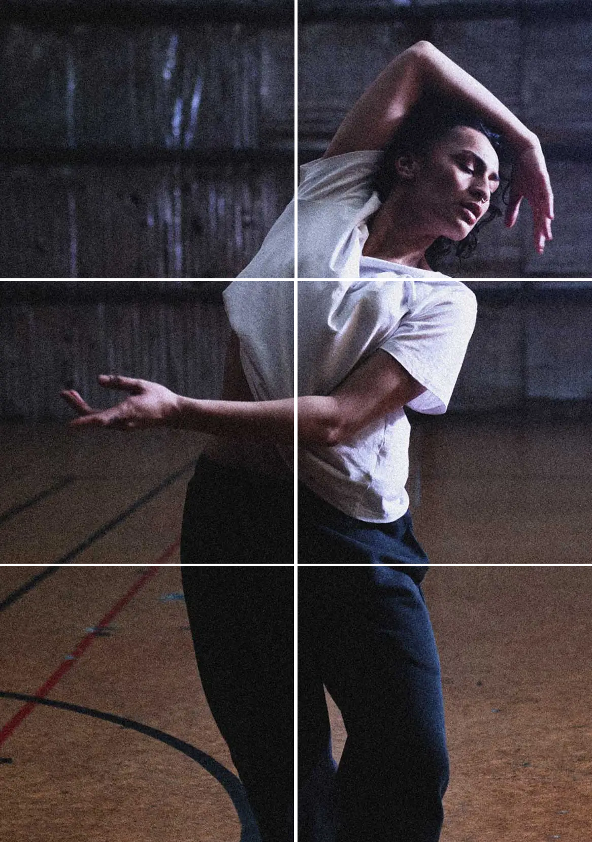 A female performing artist in the process of a dance movement, with an arm curled over her head and the other outstretched.