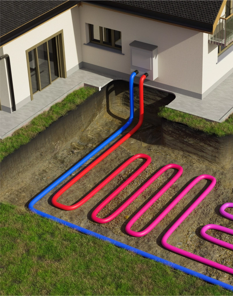 An illustration of a ground-source heat pump system using geothermal energy