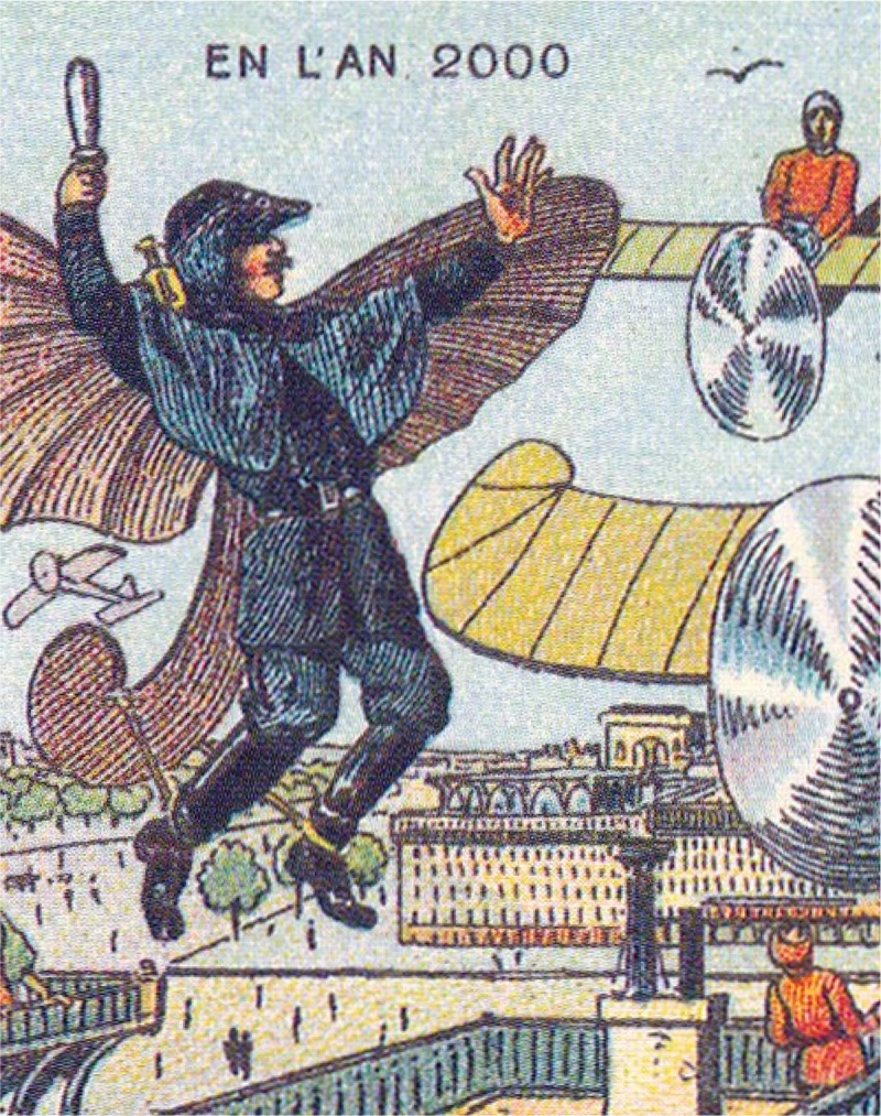 A postcard illustration of flying policemen, which was commissioned for the 1900 World's Fair in Paris