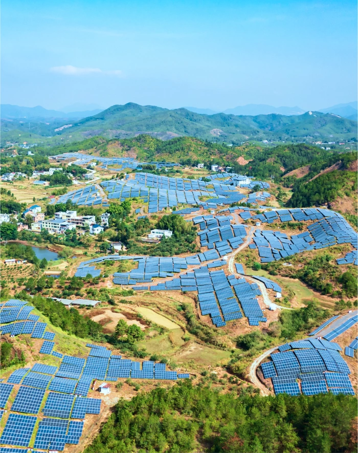 Aerial view of a solar power plant in the countryside