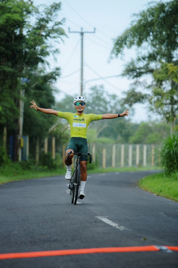 A rider crossing the finish line