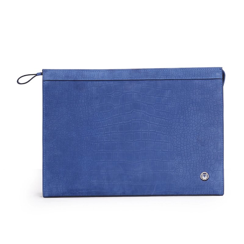 Premium Croc Embossed Blue Leather Envelope Clutch, Zippered Business Document Portfolio with Wrist Strap