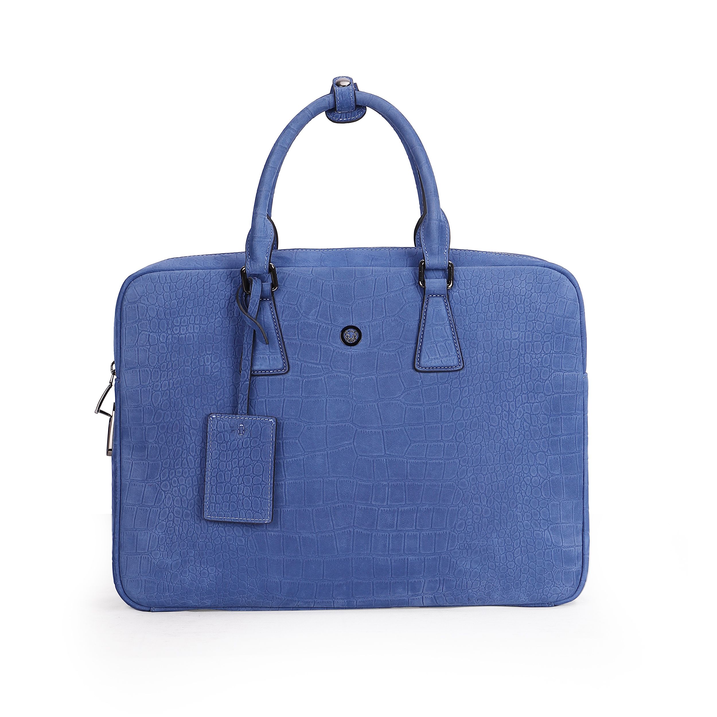 Luxury Croc Textured Briefcase for Men Women, Blue Leather Laptop Handbag, Secure Lockable Business Portfolio Bag with Luggage Tag