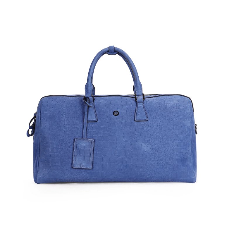 Croc Embossed Leather Duffle Bag, Large Blue Weekender Travel Bag, Overnight Carry On Duffel Handbag for Business Trip Gym Getaway