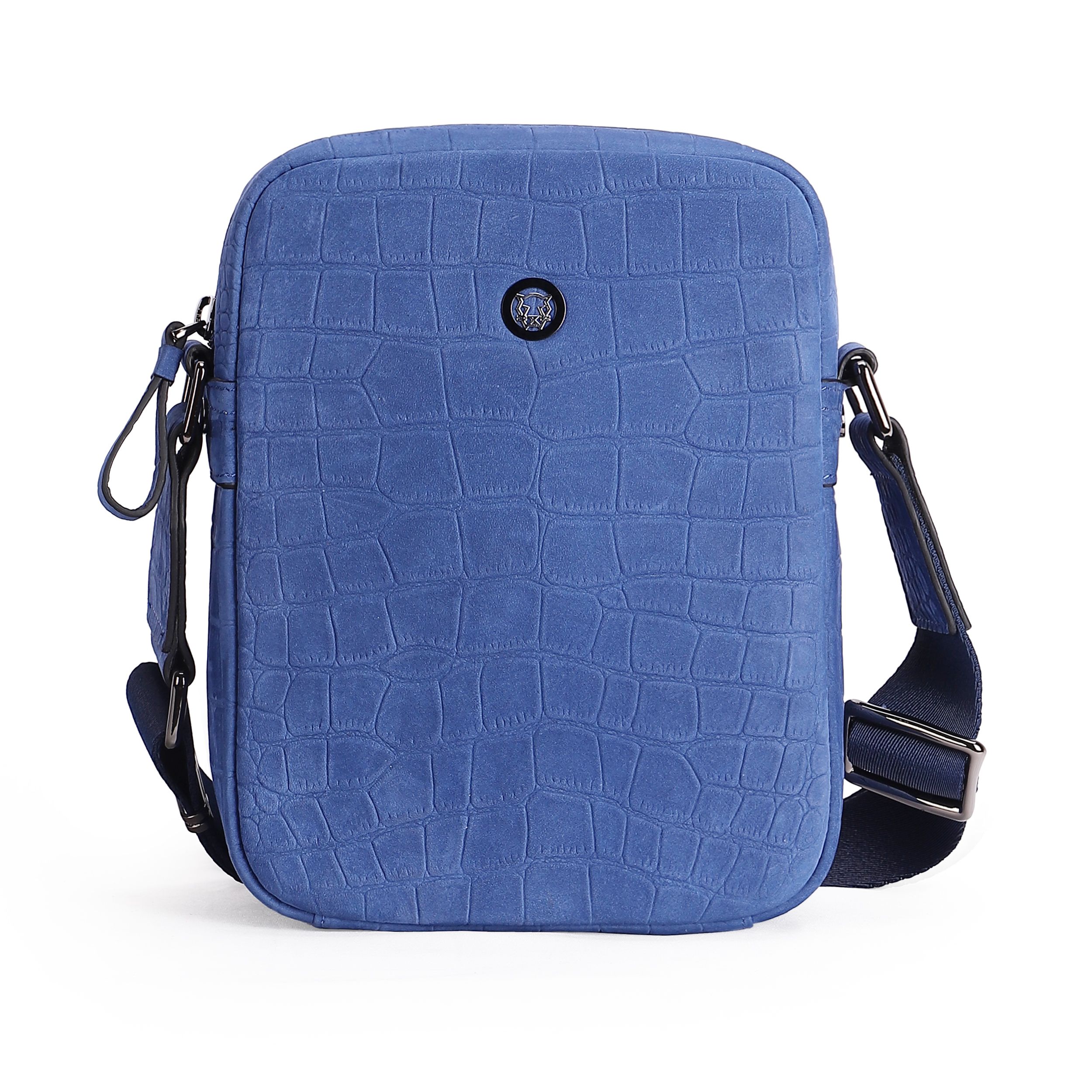 Croc Embossed Leather Vertical Crossbody Bag, Blue Business Messenger Shoulder Bag with Adjustable Wide Strap & Back Pocket, Daily Work Commute Sling Bag Unisex