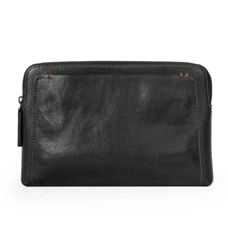 CAREBORN Genuine Leather Clutch Bag for Men, Vintage Crinkled Cowhide Wrist Hand Purse, Business Zipper Handbag with Detachable Wrist Strap & Back Zipper Pocket