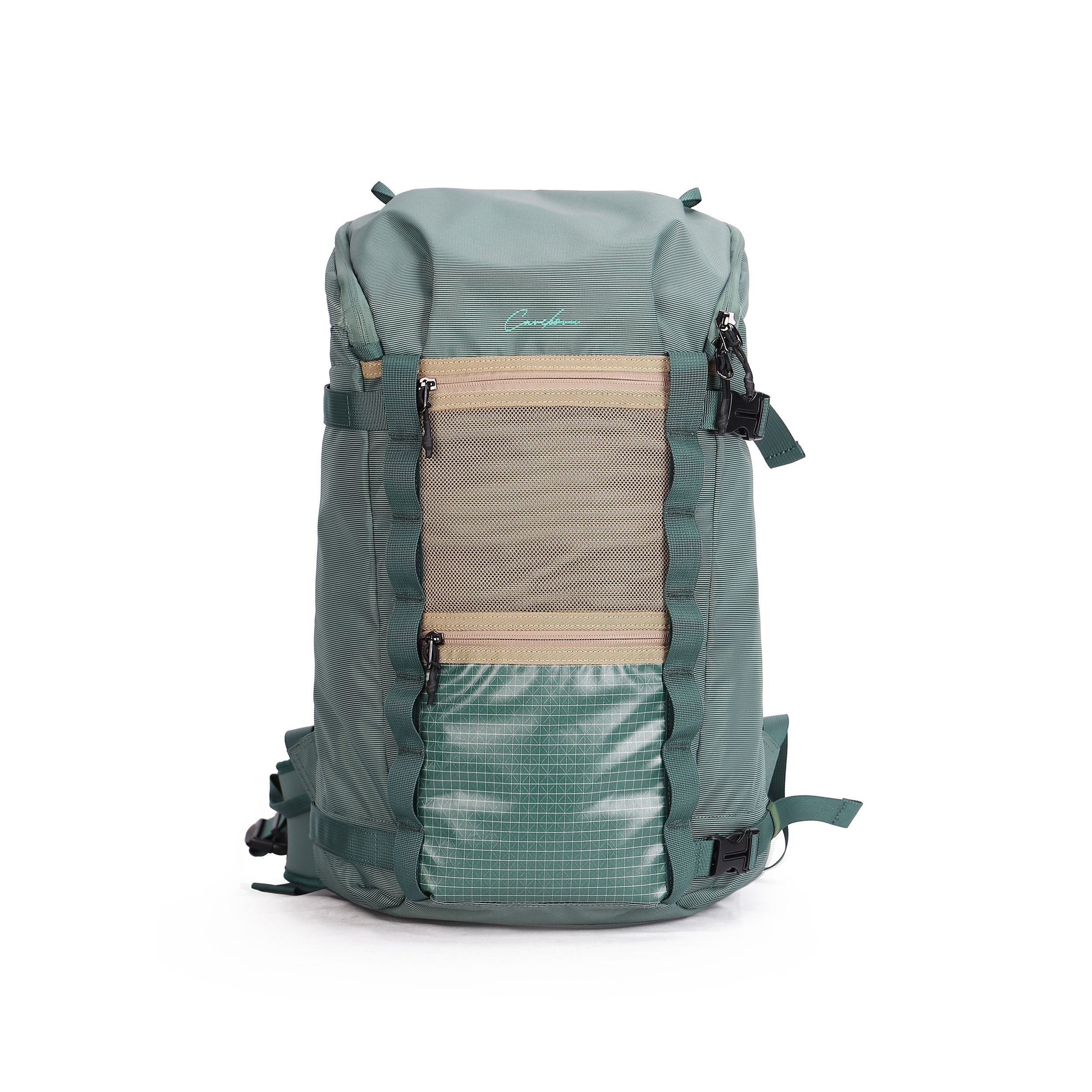 Professional CAREBORN Roll Top Hiking Backpack, 600D Water Repellent Nylon Trekking Bag, Multi Compression Straps & Grid Mesh Pockets, Ventilated Padded Back with Waist Chest Belt for Climbing Camping Travel