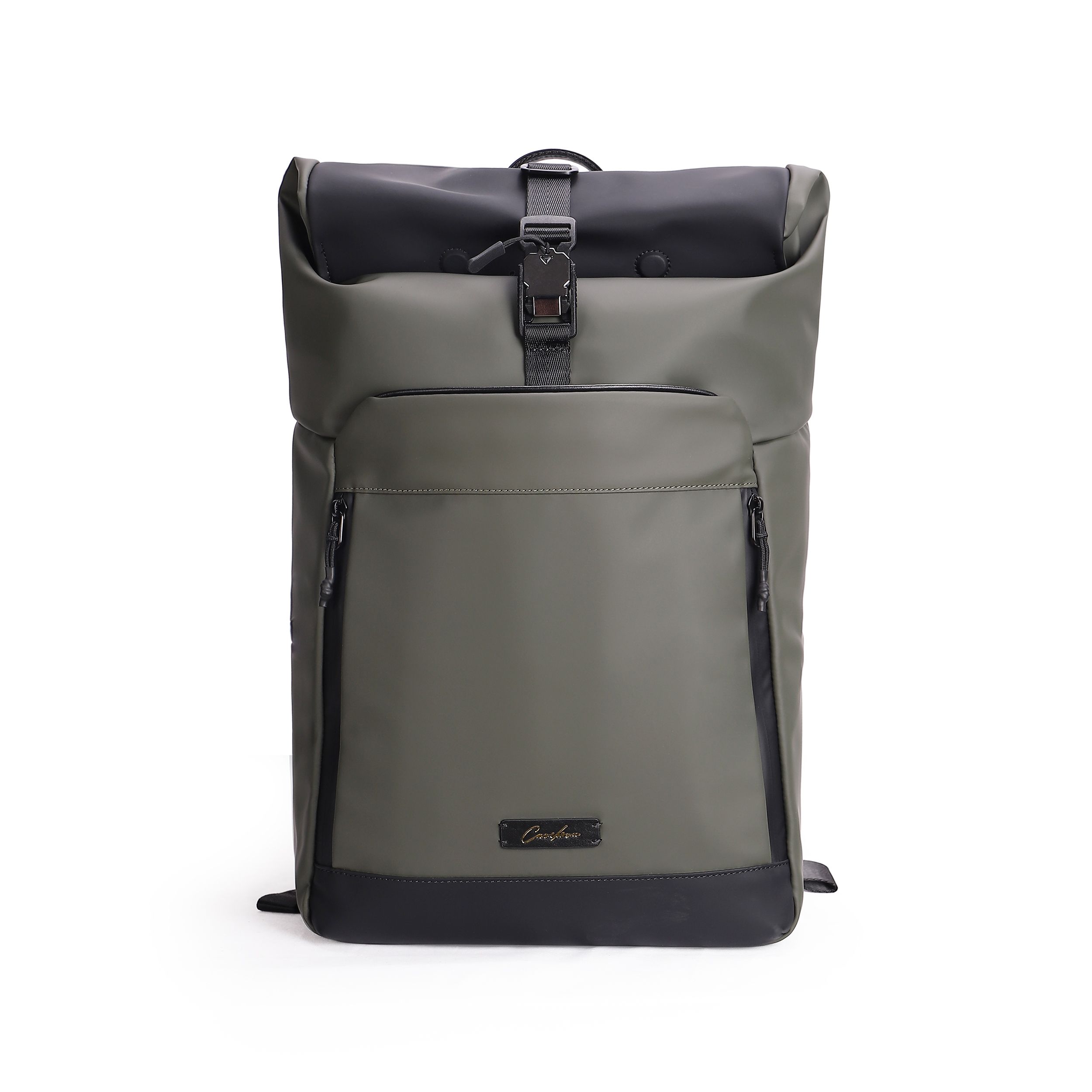Modern Roll-Top Business Backpack, Water-Resistant Olive Green Black Spliced Laptop Rucksack, Ergonomic Multi-Compartment Commute Backpack for Urban Professionals