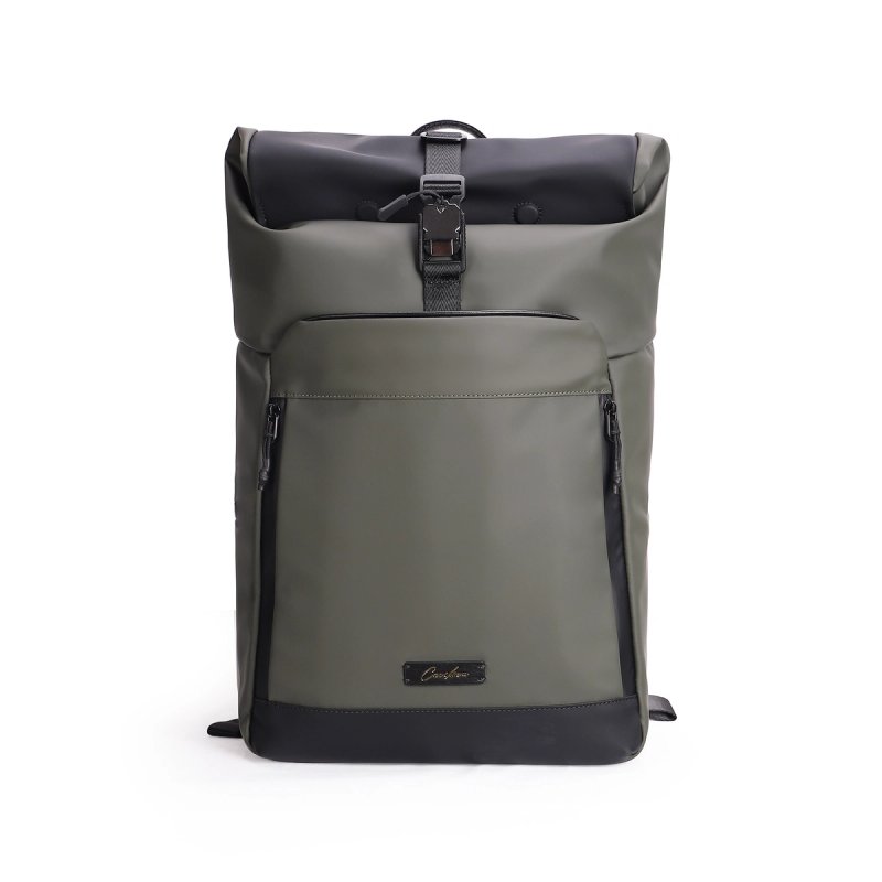 Modern Roll-Top Business Backpack, Water-Resistant Olive Green Black Spliced Laptop Rucksack, Ergonomic Multi-Compartment Commute Backpack for Urban Professionals