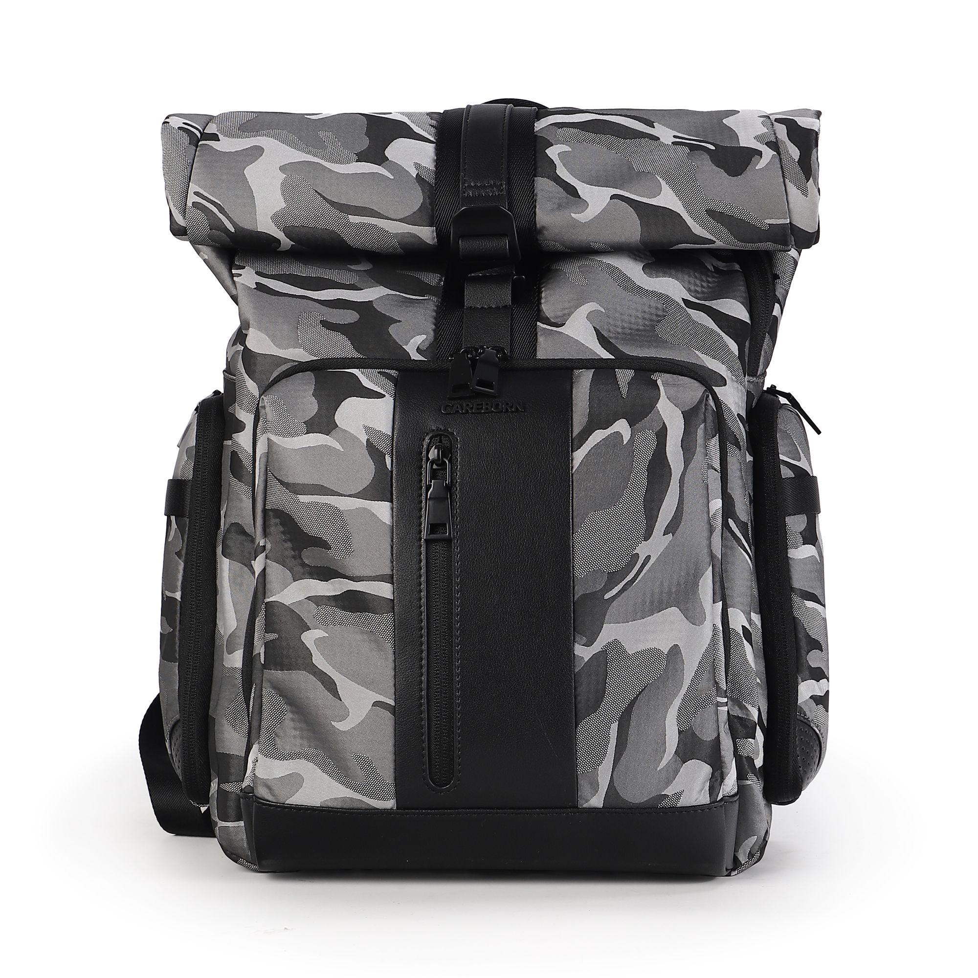 CAREBORN Roll‑Top Camouflage Backpack, Water‑Repellent Multi‑Compartment Rucksack with Laptop Sleeve for Work Travel Outdoor Use