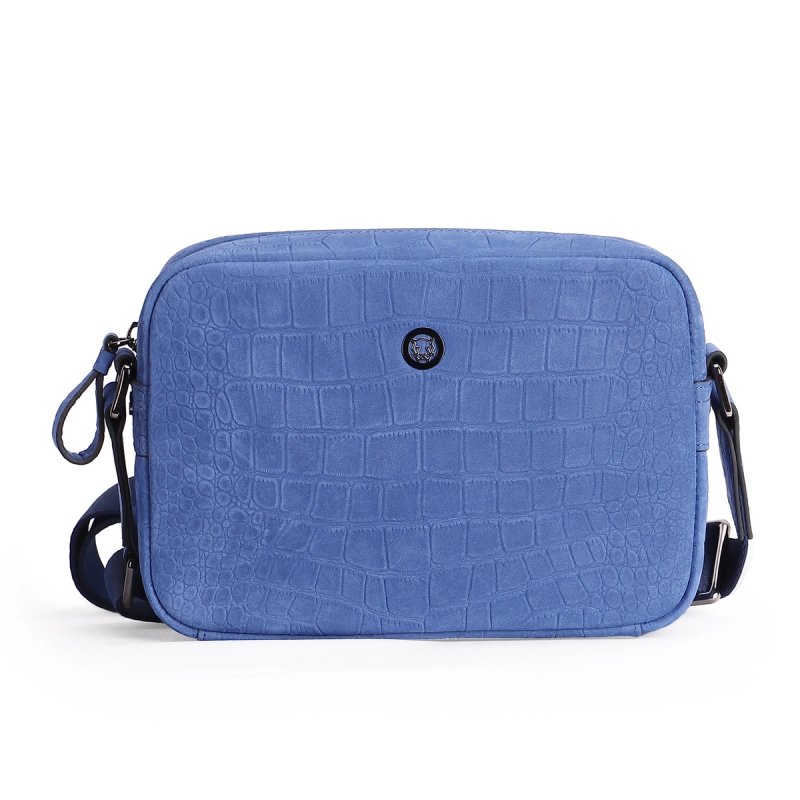 Croc Embossed Leather Crossbody Camera Bag, Blue Casual Shoulder Sling Bag with Adjustable Wide Strap, Multi Pocket Daily Messenger Bag Unisex