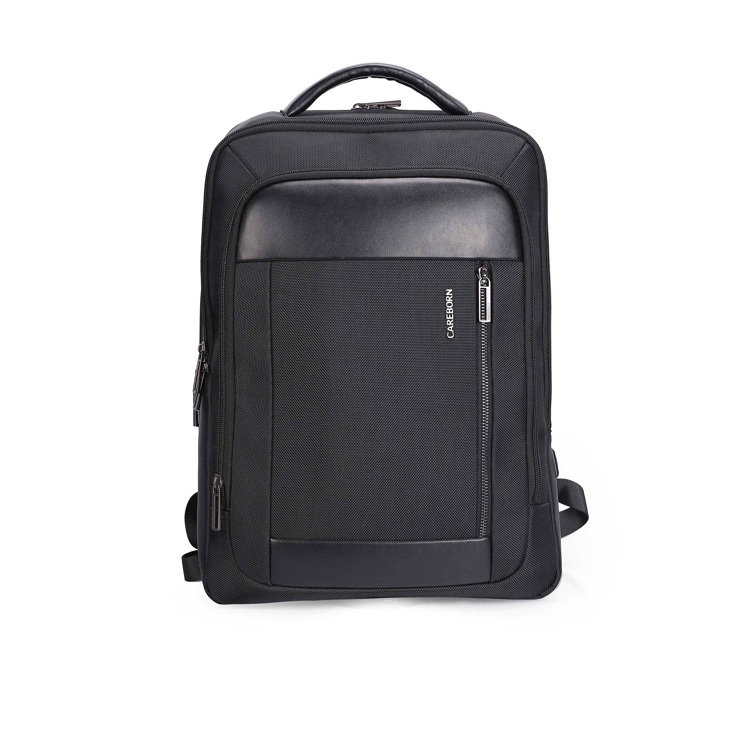 Hard Shaped Office Computer Backpack, Faux Leather Trim Nylon Commuter Backpack, Large Capacity Water Repellent Carry On Backpack for Daily Office & Short Business Trip