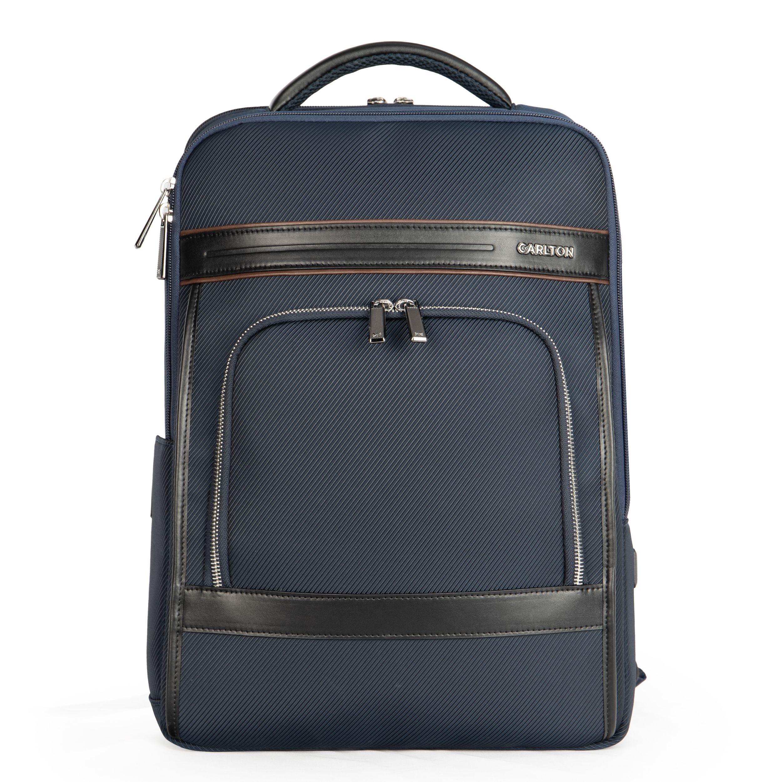 Elegant Hard Shape Office Computer Backpack, Faux Leather Trim Twill Fabric Commuter Backpack, Large Capacity Carry On Backpack for Daily Work & Business Trip
