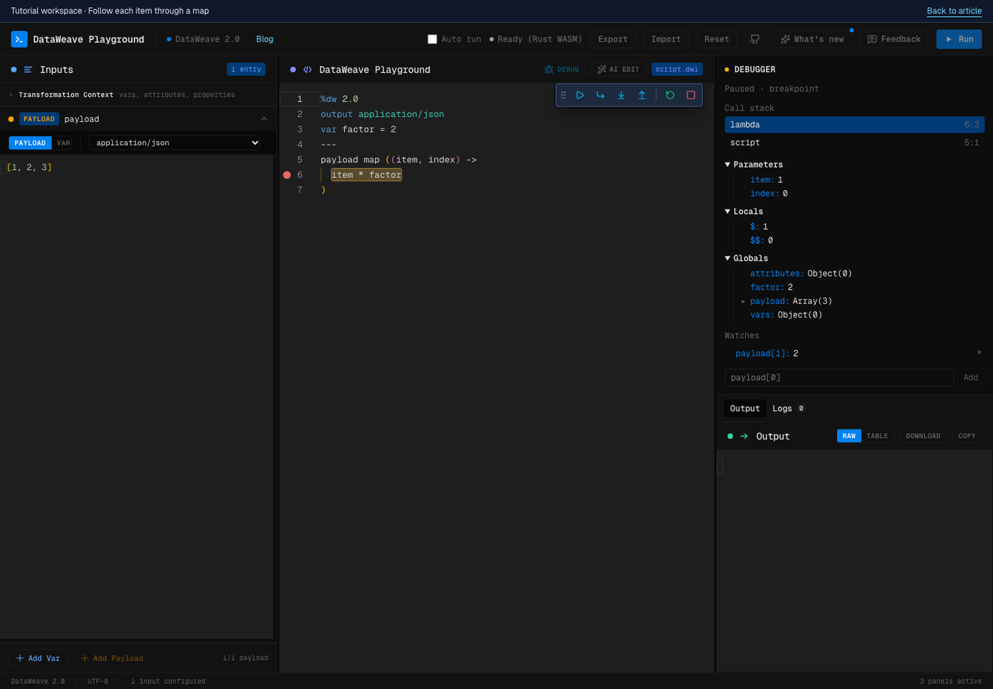 DataWeave Playground paused inside a map callback, with a breakpoint, floating controls, call stack, variables, and a watch expression.
