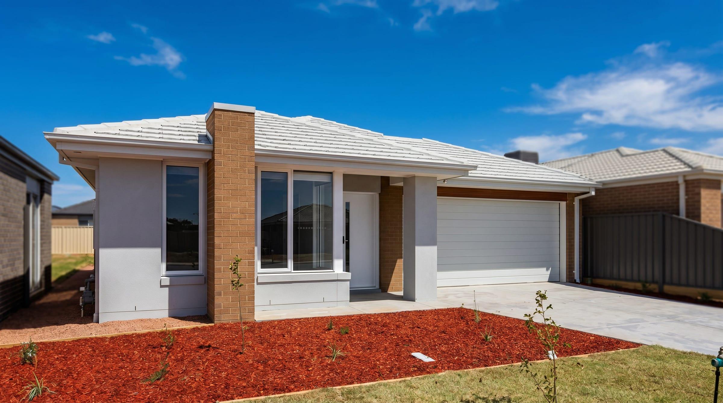 Front exterior of Huntly SIL home in Bendigo — modern single-storey brick-and-render Supported Independent Living property with double accessible garage and landscaped front garden.