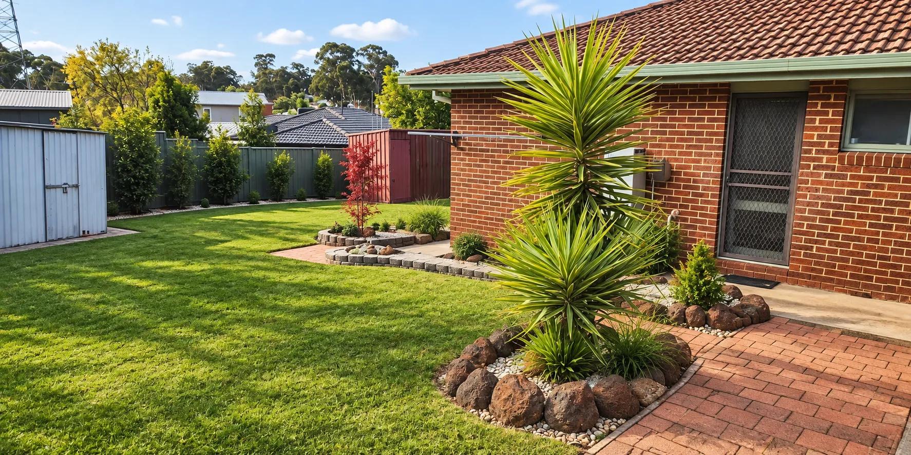 Backyard lawn and garden at the Golden Square Druid Myxa NDIS Supported Independent Living home in Bendigo.