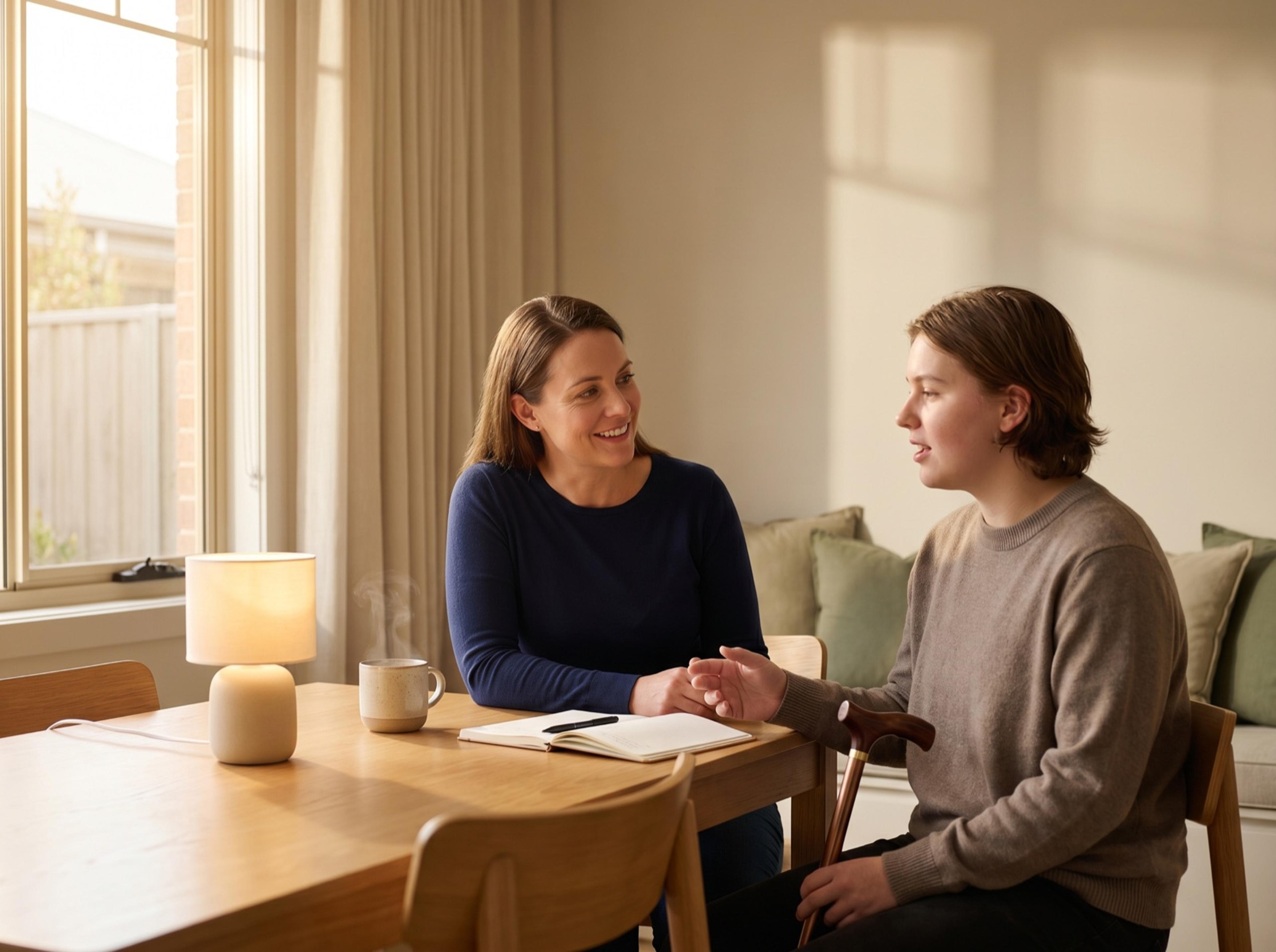 A Myxa support worker and a young NDIS participant having a calm conversation