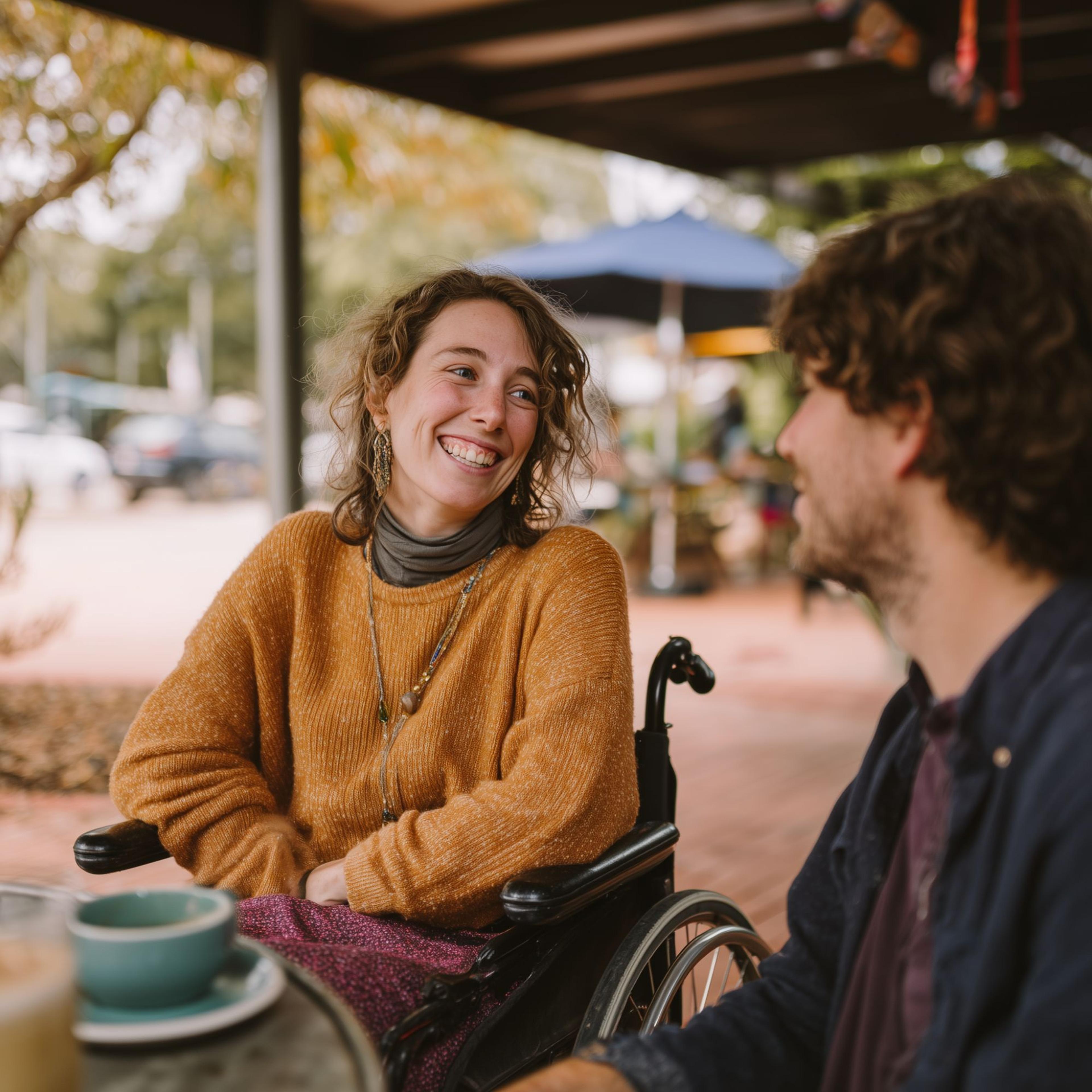 Two people having a friendly conversation outdoors