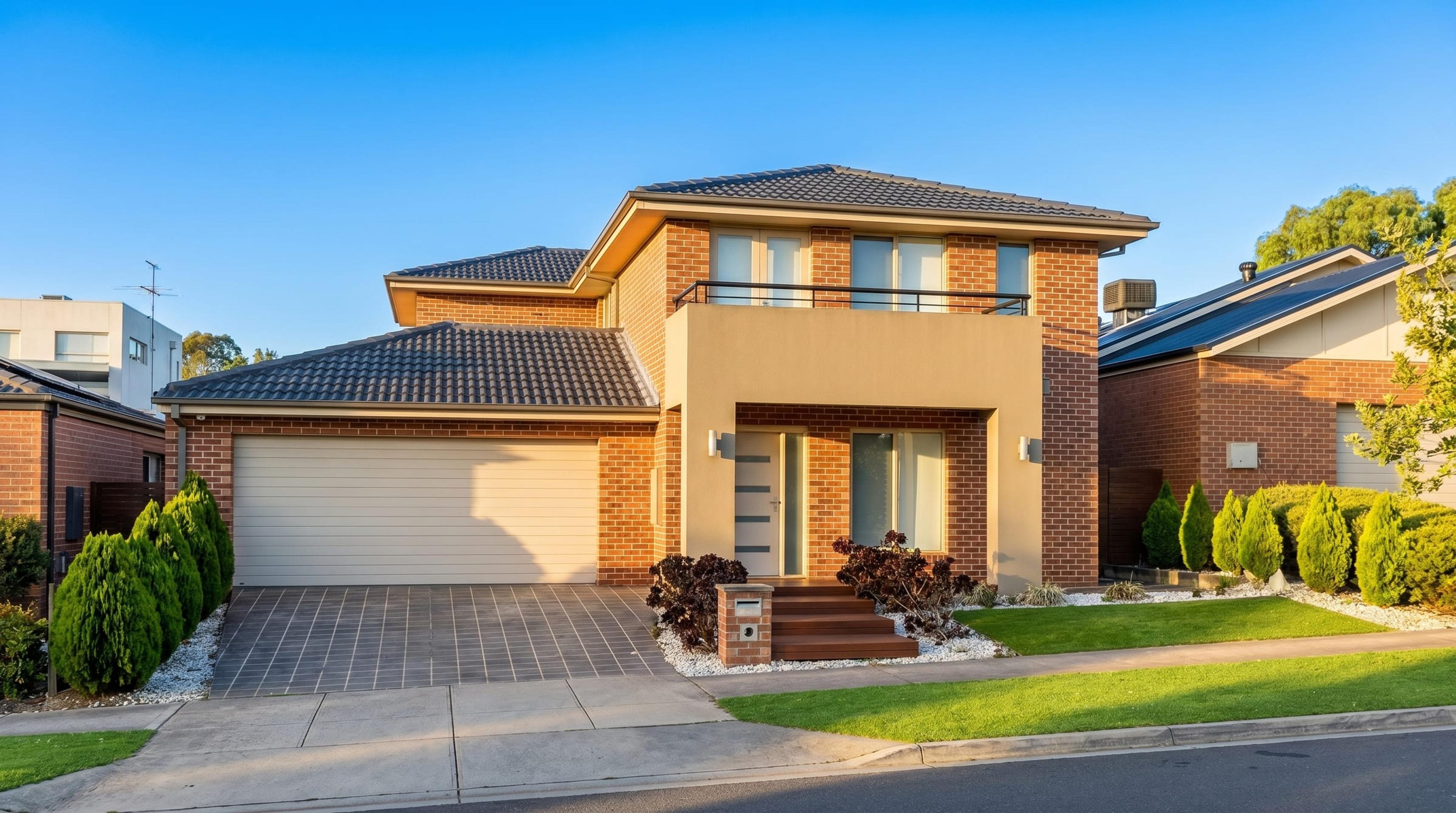 Front exterior of Mulgrave SIL home in metropolitan Melbourne — two-storey brick Supported Independent Living property with paved accessible driveway, double garage, and landscaped entry.