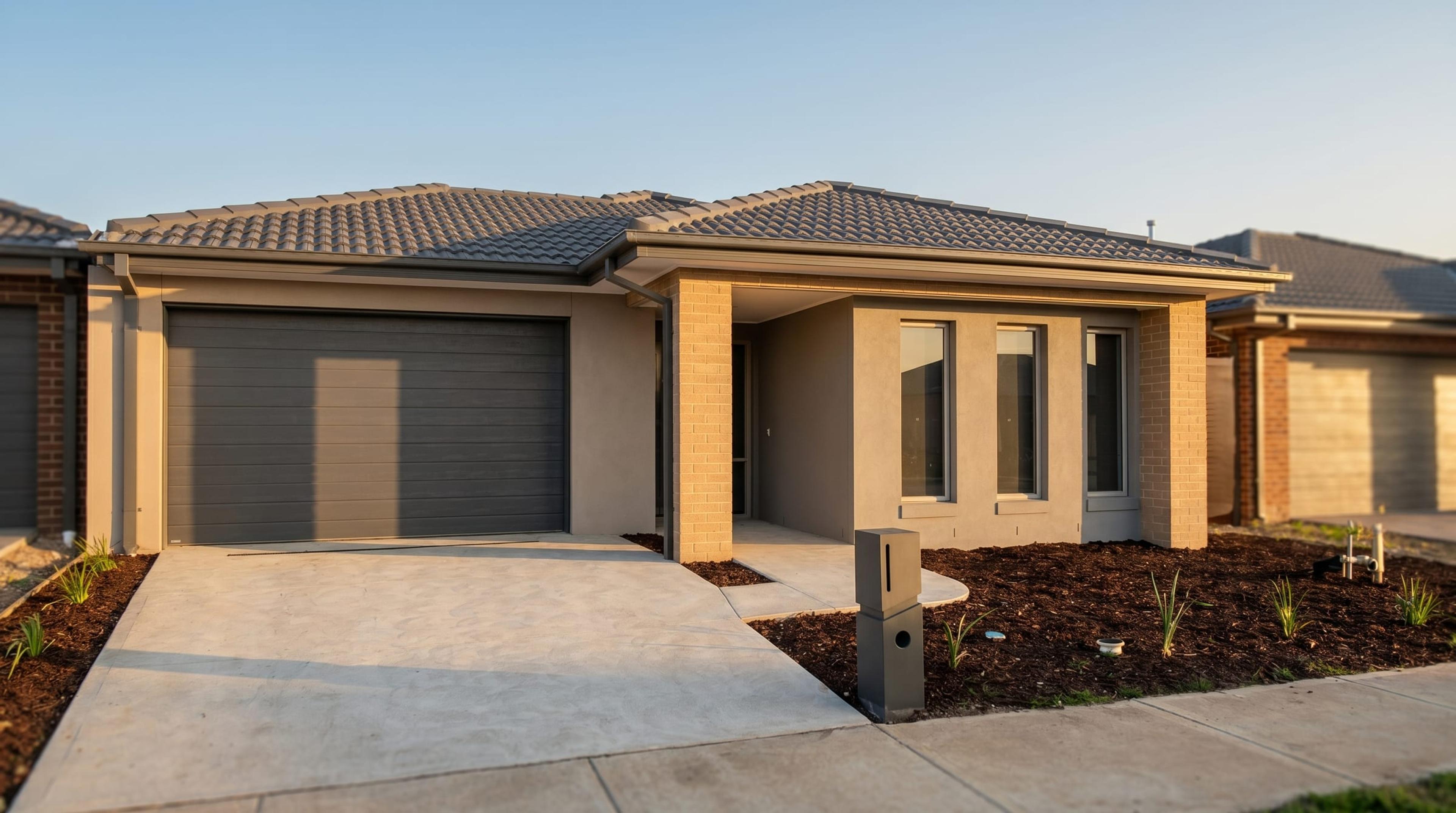 Front exterior of Wyndham Vale Eshal, an NDIS Specialist Disability Accommodation home provided by Myxa — captured in warm late-afternoon light with editorial real-estate photography quality.