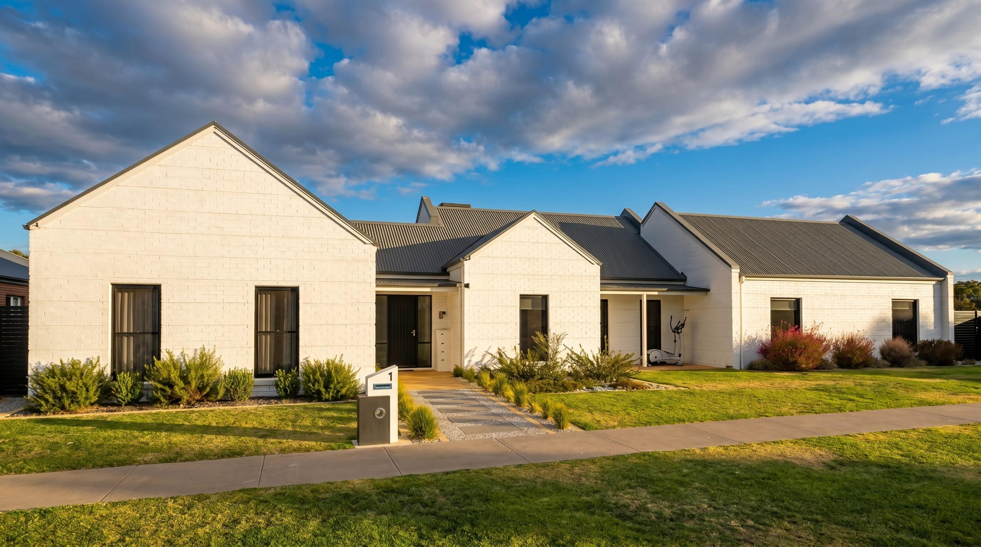 Front exterior of Strathfieldsaye SIL home in Bendigo — white-brick country-style Supported Independent Living property with landscaped front garden and step-free path to the entrance.