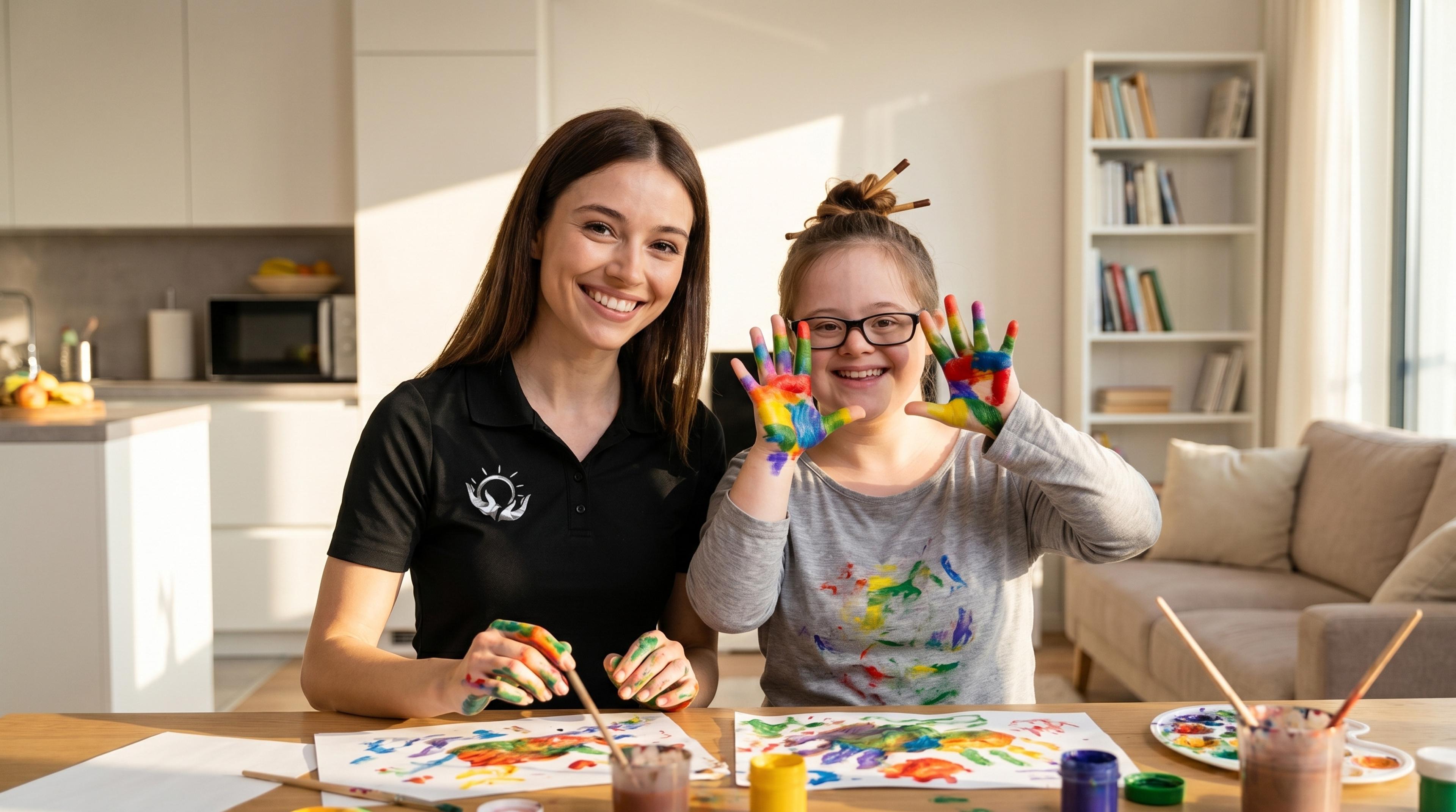 Support worker engaging warmly with a young participant during a creative activity