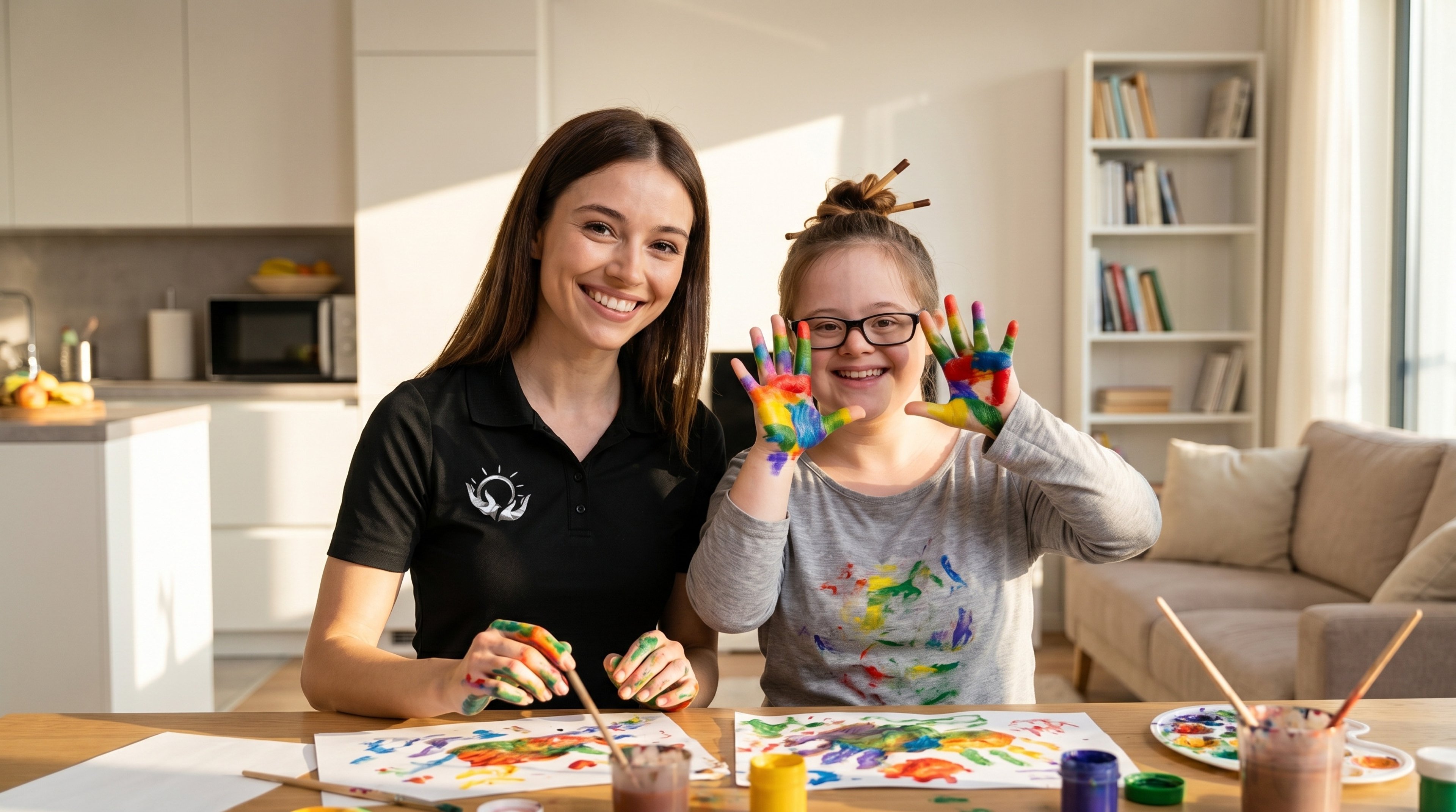 Support worker engaging warmly with a young participant during a creative activity