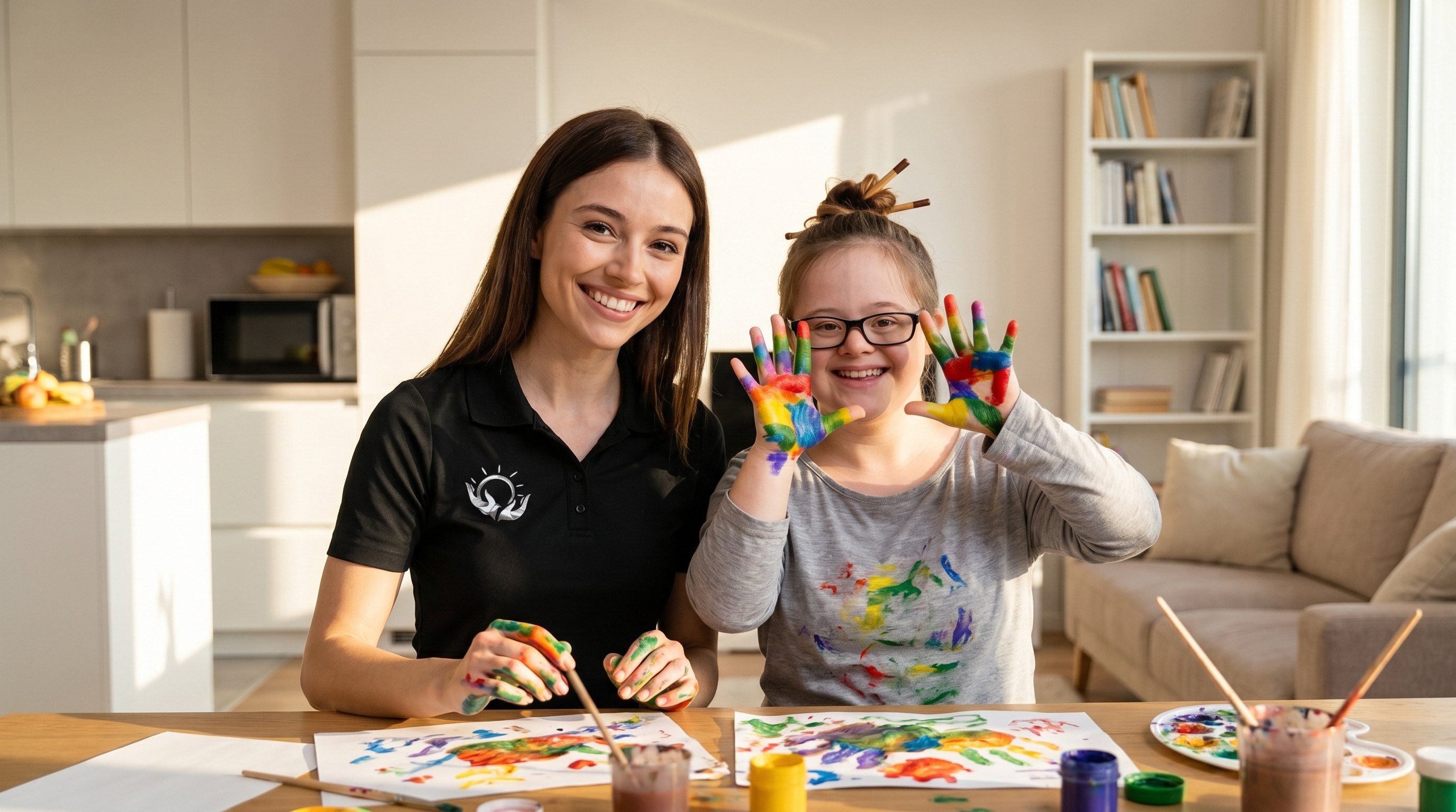 Support worker engaging warmly with a young participant during a creative activity