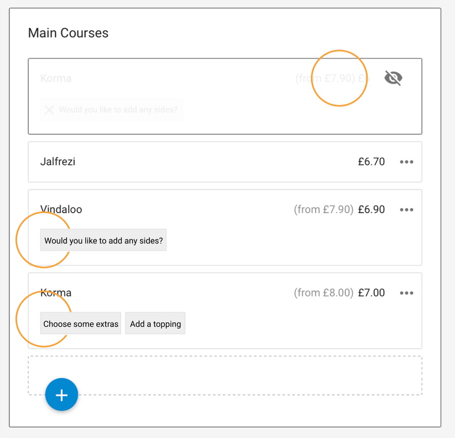 Close-up of a Main Courses menu card with one Korma item greyed out and marked hidden, and modifier chips struck through
