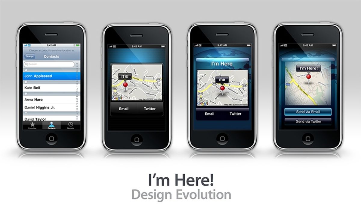 Four early iPhones side by side showing successive versions of an 'I'm Here!' app screen with a map and contact list