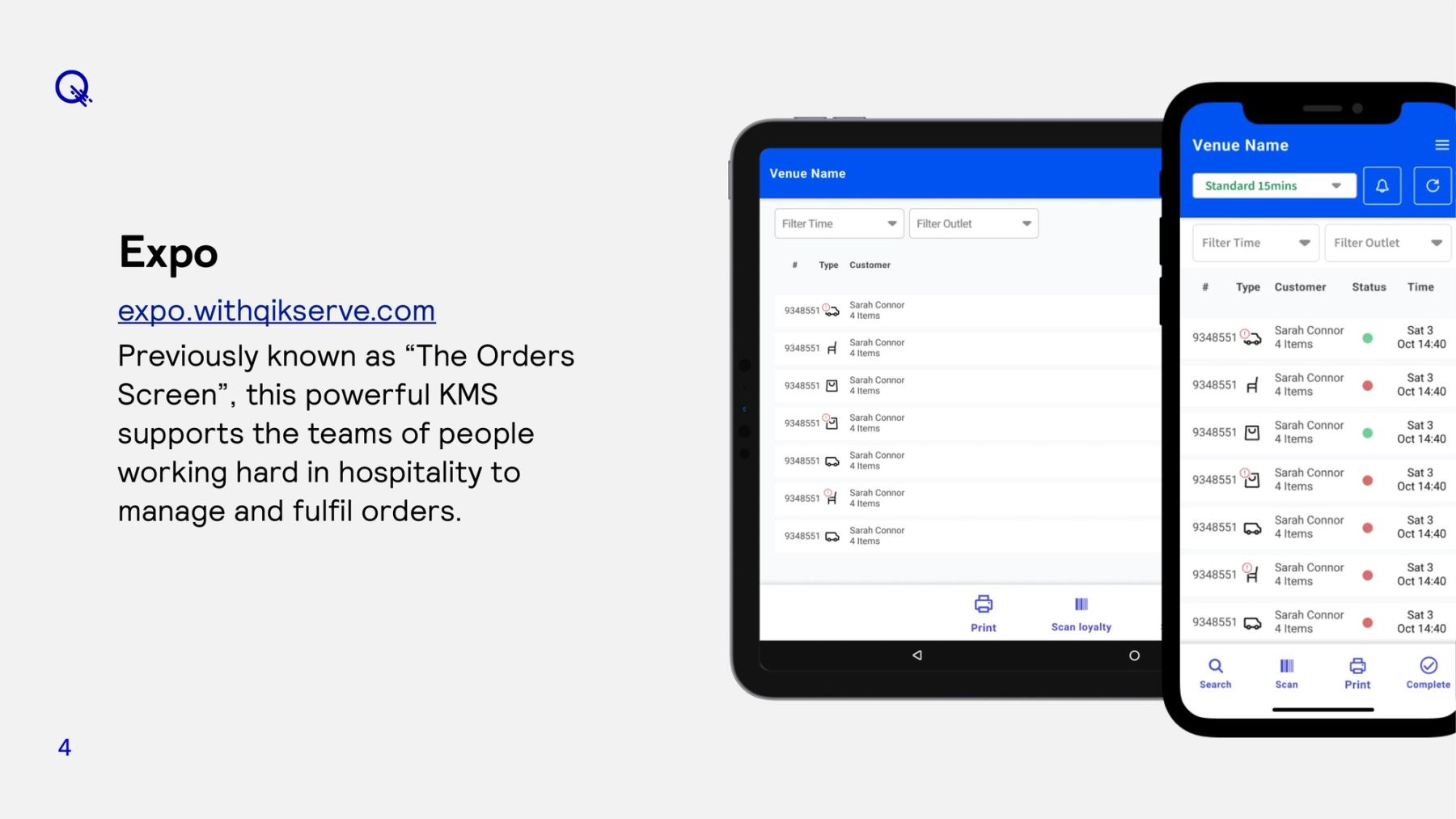 Slide from the Domains deck: Expo, formerly the Orders Screen, shown on a tablet and phone for teams managing and fulfilling orders