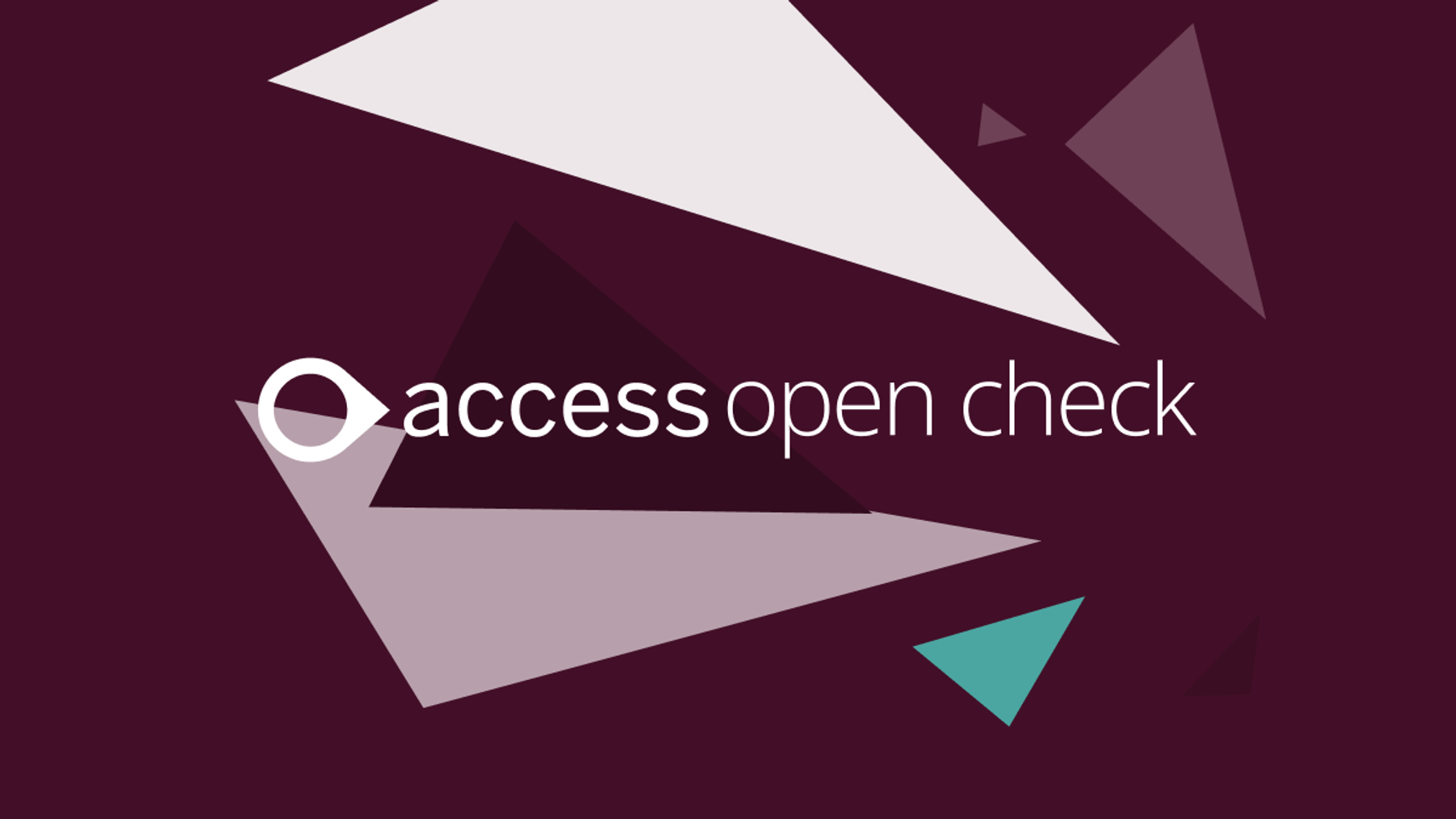 Access Open Check product tile: the product name in white on a deep plum background with pale and teal angular shapes