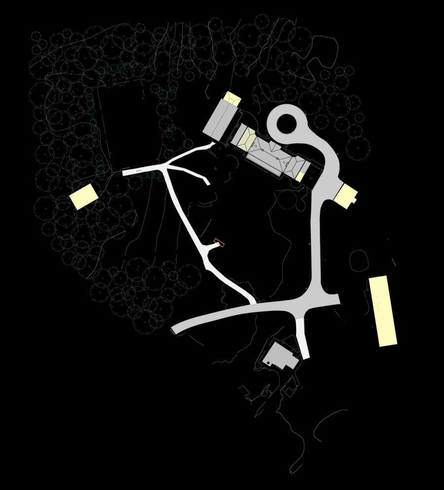 Site plan on black: woodland drawn as outlines, white paths branching through it and buildings marked in yellow