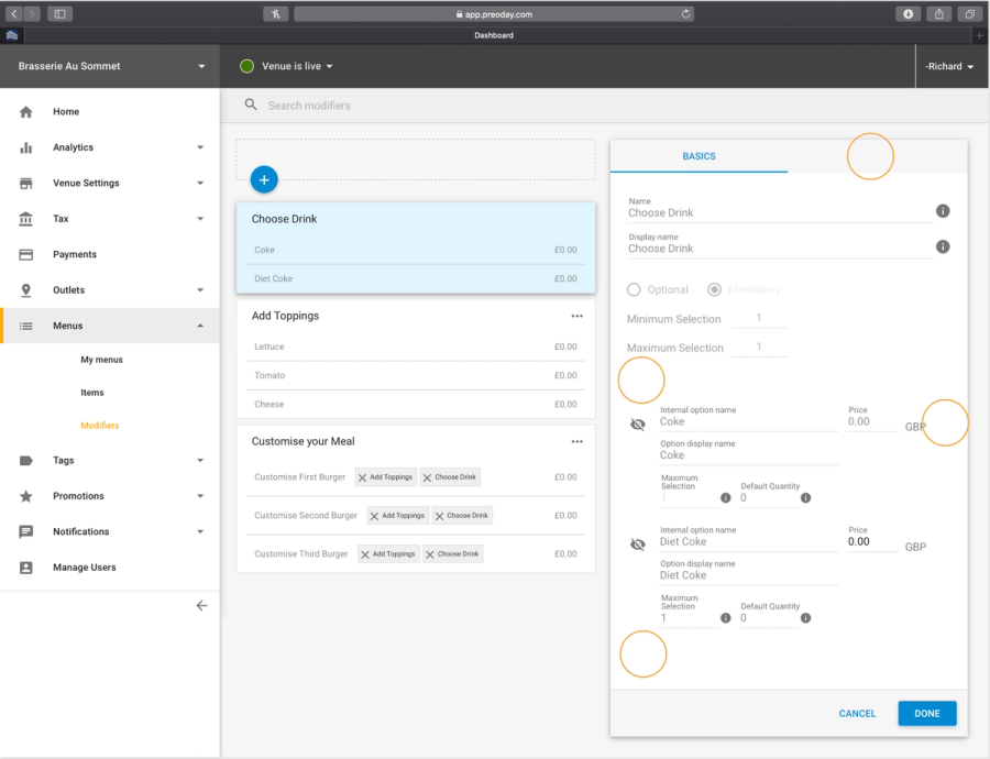 Preoday dashboard modifier editor: a 'Choose Drink' modifier group open in a side panel with selection rules, minimum and maximum choices and per-option prices