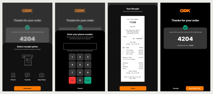 Four GDK kiosk screens: receipt options, phone number entry, a digital receipt, and the order confirmation