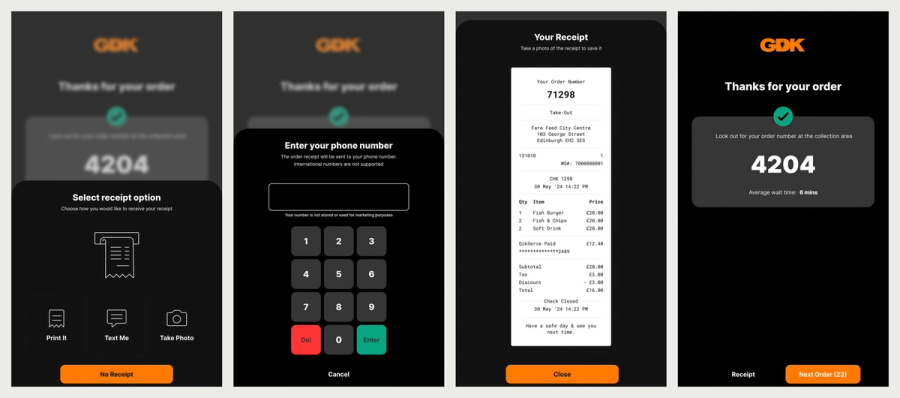 Four GDK kiosk screens: receipt options, phone number entry, a digital receipt, and the order confirmation