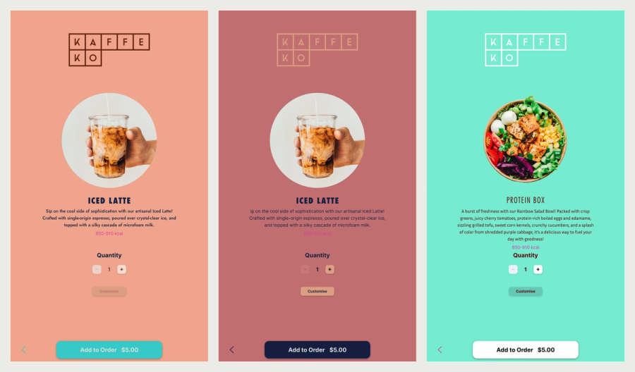 The same Kaffeko demo product page in three colour configurations: peach, rose and mint