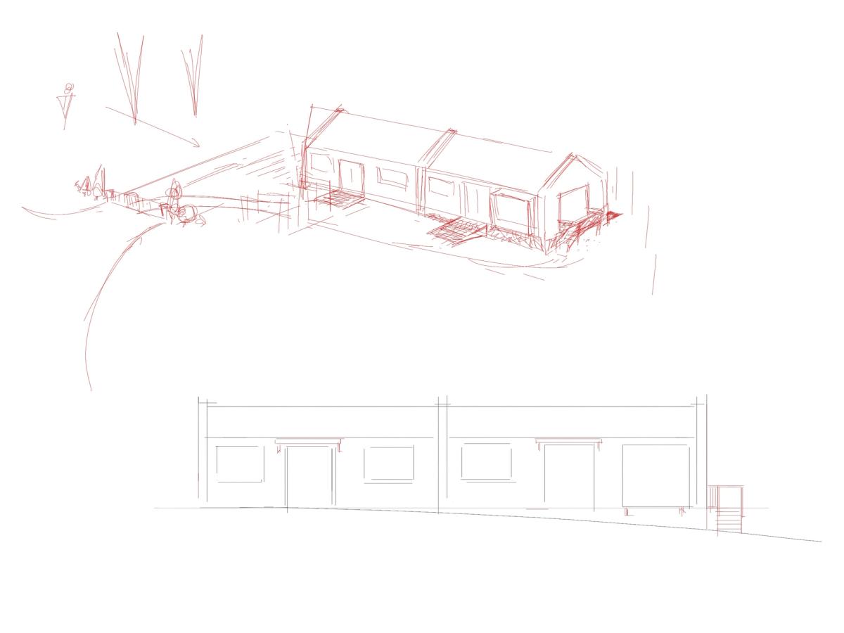 Loose red sketch of the stable building in perspective above a fine-line elevation