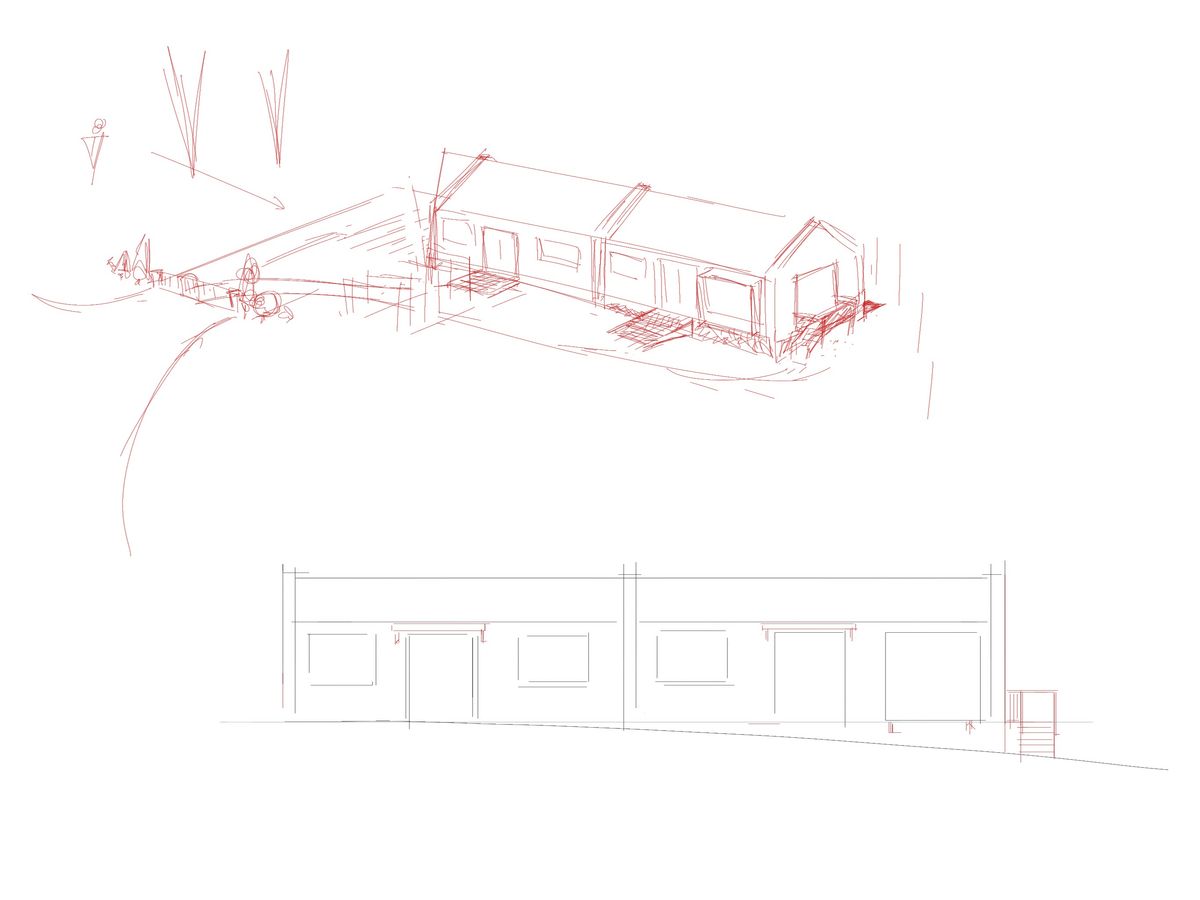 Loose red sketch of the stable building in perspective above a fine-line elevation
