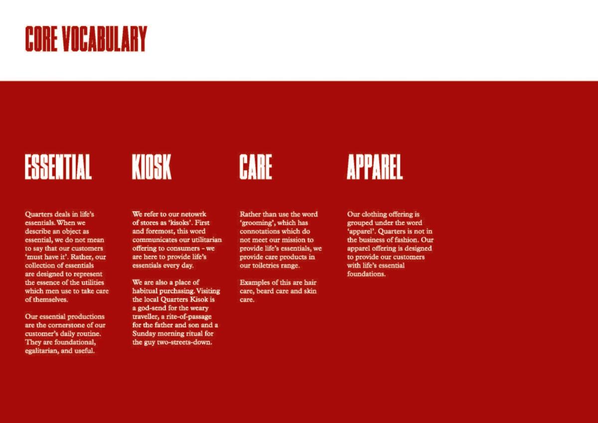 Quarters brand book spread titled Core Vocabulary, defining the words Essential, Kiosk, Care and Apparel in white text on red