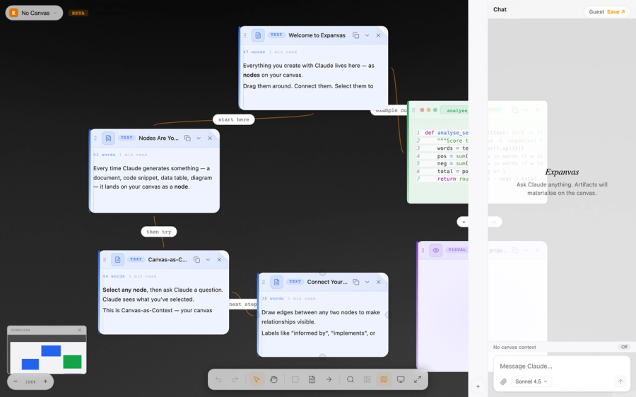 Expanvas with coloured card headers, type chips, a BETA badge and a Feedback menu
