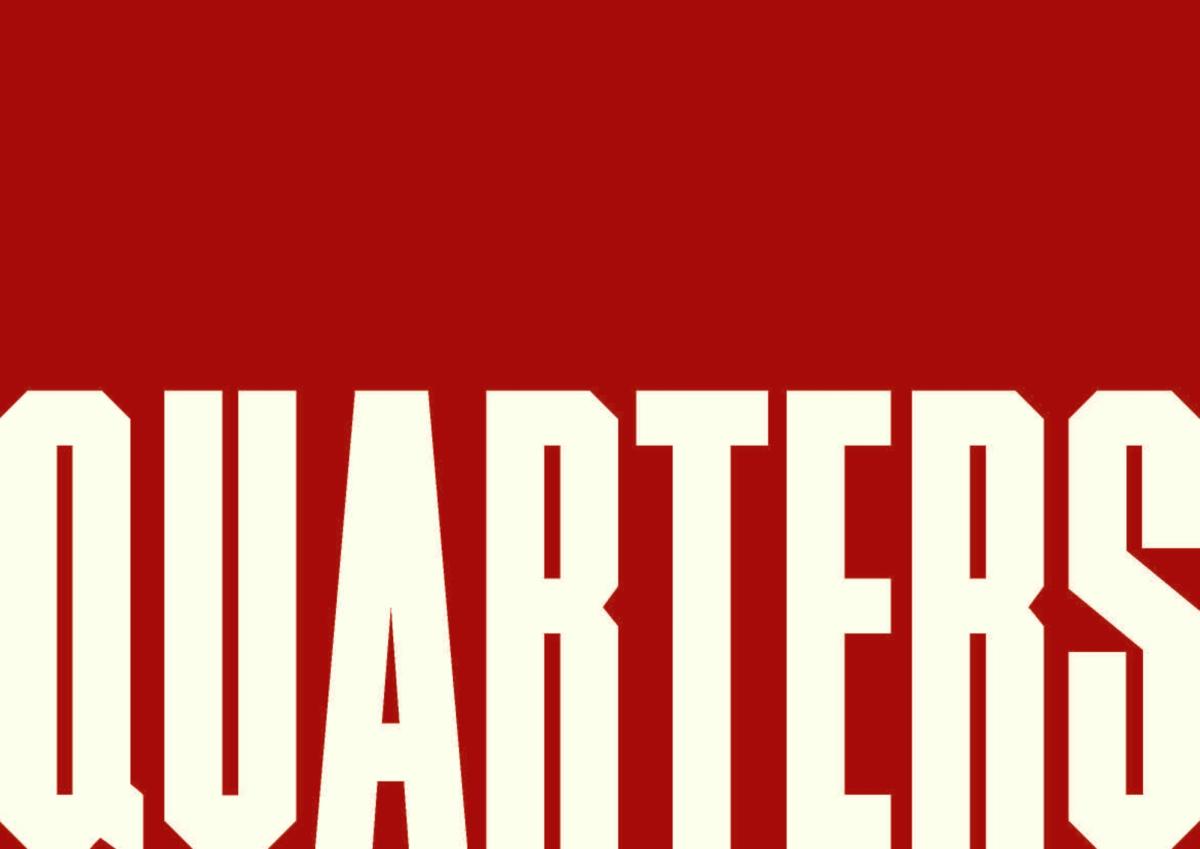 Quarters brand book cover: the condensed QUARTERS wordmark in cream, cropped at the bottom, on a deep red background